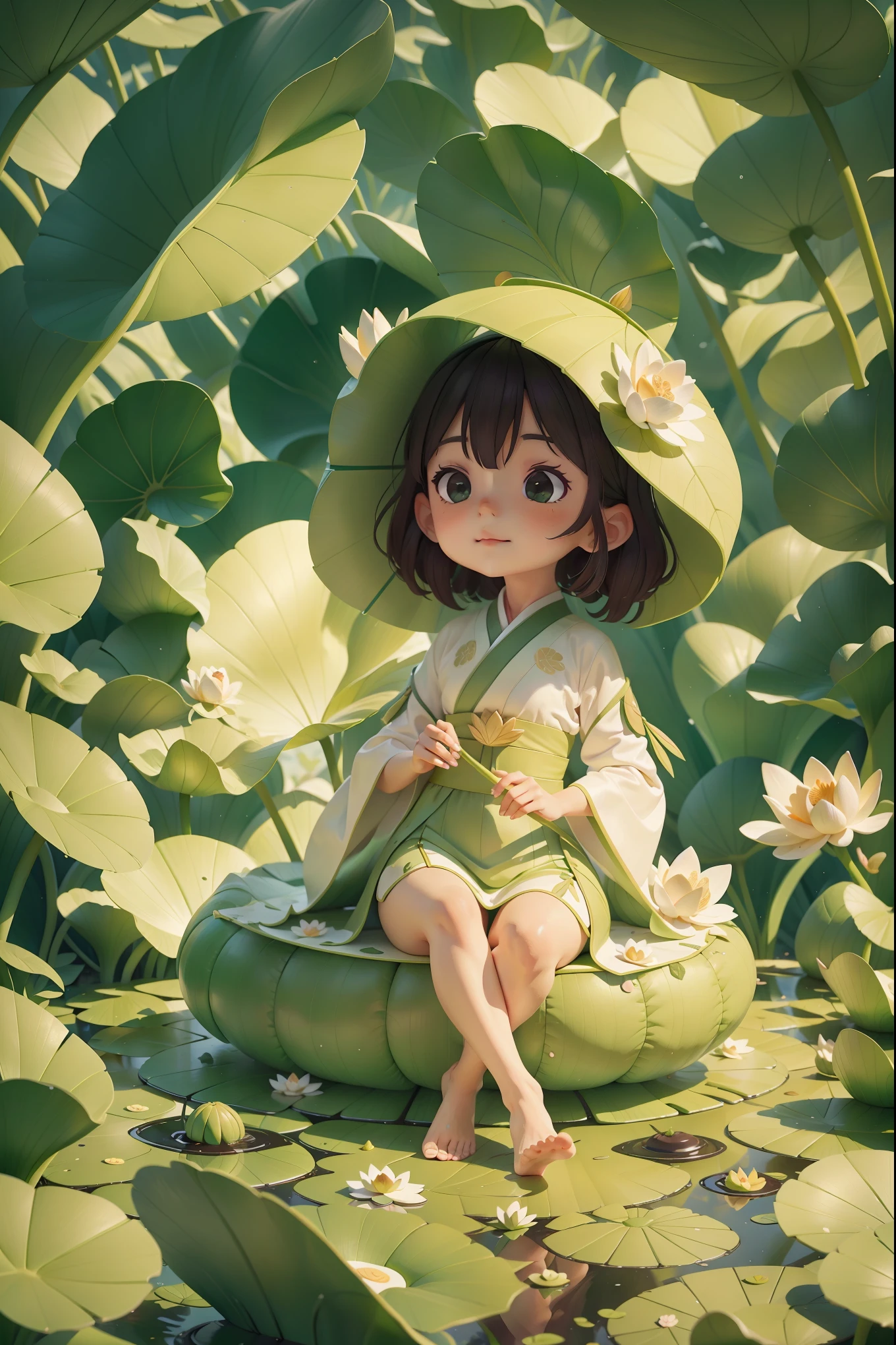 Pods full of lotus flowers, A  happily sits on the lotus leaves of a pod, Huge lotus leaf, Barefoot, Dressed in white and green Hanfu, Light and shadow, A masterpiece