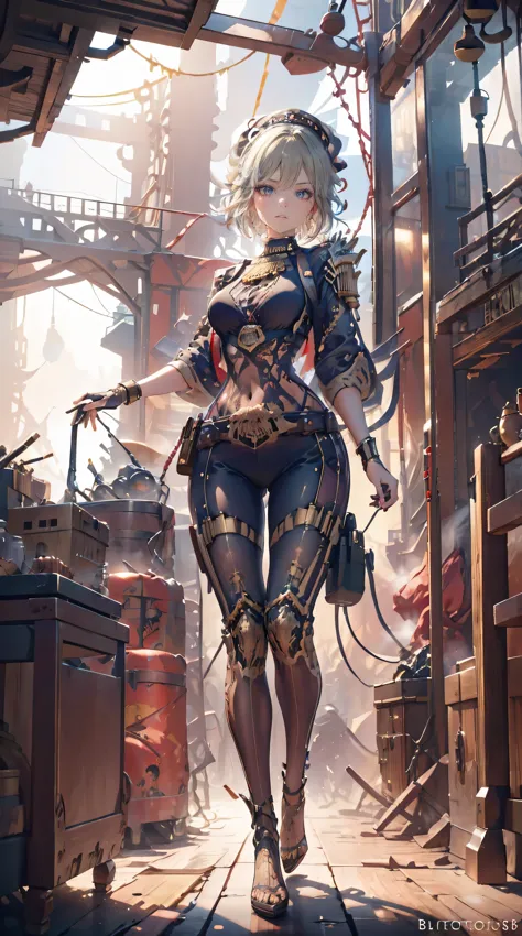 There is a sexy Indian woman with dark skin.., muscular body,Dress less,Royal Look,helmet, Steampunk concept art, Sexy full body...