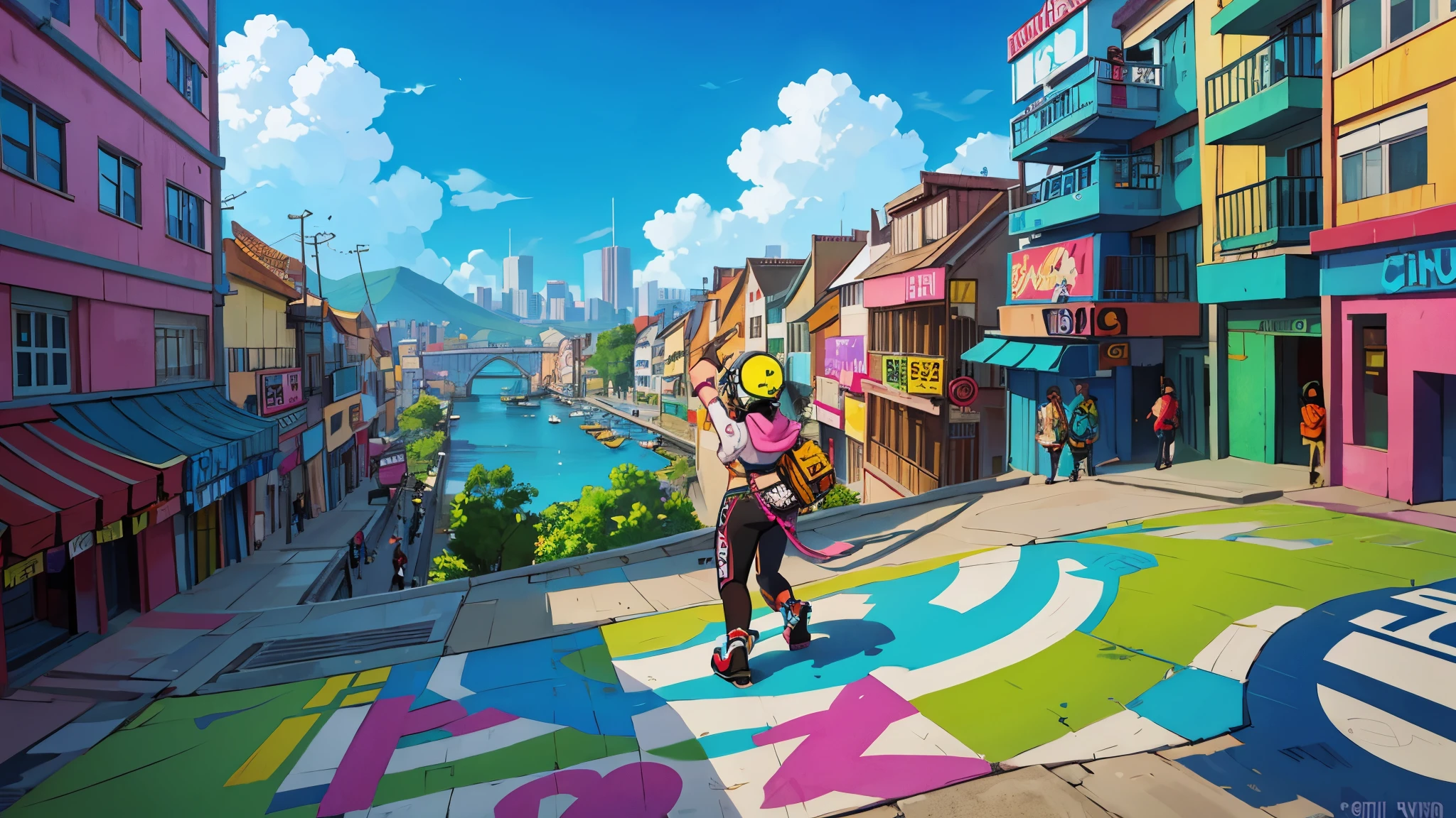 crie uma cidade vista por uma lupa, This city is covered in buildings full of graffiti and jet set radio characters