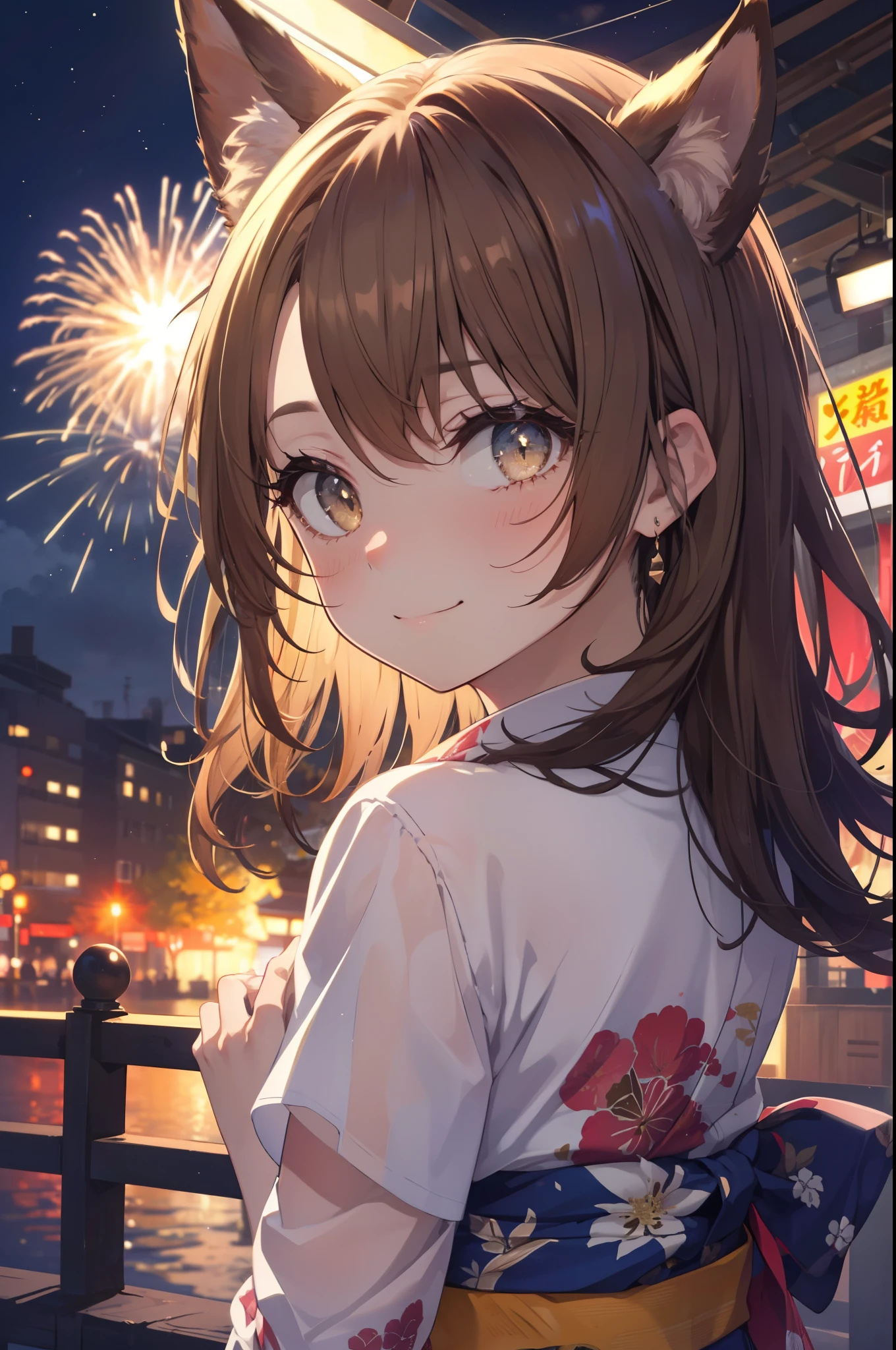 irohaisshiki, iroha isshiki, long hair, brown hair, (brown eyes:1.5), smile,blush,animal earsの綿毛, animal ears, fox ears, fox girl, Fox tail, brown hair, tail, yellow floral pattern yukata,long skirt,Fireworks in the night sky,fireworks,The place is a fireworks display,Time is night,sunny day,whole bodyがイラストに入るように,whole body,Sitting on the steps of a shrine and lighting sparklers,
break outdoors, festival,
break (masterpiece:1.2), highest quality, High resolution, unity 8k wallpaper, (figure:0.8), (detailed and beautiful eyes:1.6), highly detailed face, perfect lighting, Very detailed CG,(Beautiful detailed eyes:1.6), extra detailed face,  extremely details CG, 