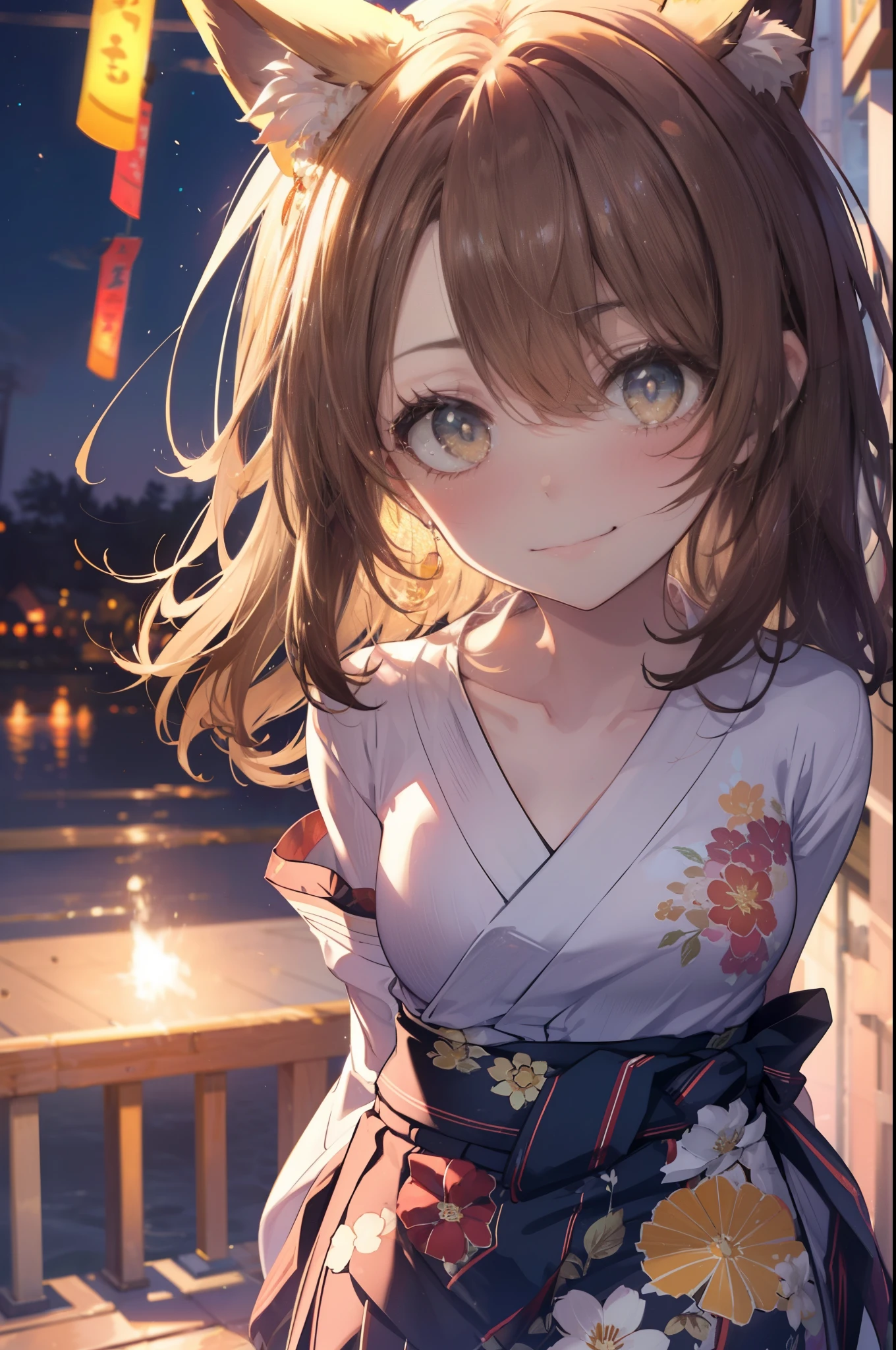 irohaisshiki, iroha isshiki, long hair, brown hair, (brown eyes:1.5), smile,blush,animal earsの綿毛, animal ears, fox ears, fox girl, Fox tail, brown hair, tail, yellow floral pattern yukata,long skirt,Fireworks in the night sky,fireworks,The place is a fireworks display,Time is night,sunny day,whole bodyがイラストに入るように,whole body,Sitting on the steps of a shrine and lighting sparklers,
break outdoors, festival,
break (masterpiece:1.2), highest quality, High resolution, unity 8k wallpaper, (figure:0.8), (detailed and beautiful eyes:1.6), highly detailed face, perfect lighting, Very detailed CG,(Beautiful detailed eyes:1.6), extra detailed face,  extremely details CG, 