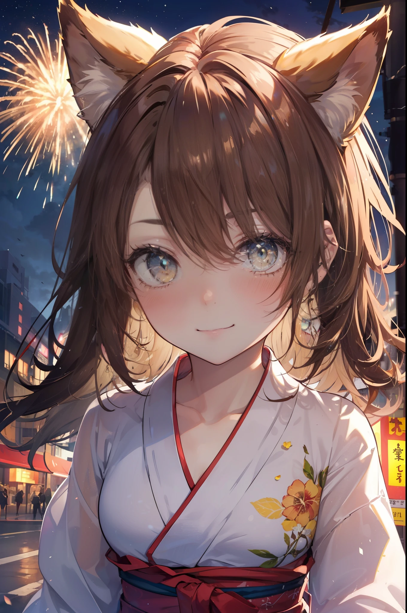 irohaisshiki, iroha isshiki, long hair, brown hair, (brown eyes:1.5), smile,blush,animal earsの綿毛, animal ears, fox ears, fox girl, Fox tail, brown hair, tail, yellow floral pattern yukata,long skirt,Fireworks in the night sky,fireworks,The place is a fireworks display,Time is night,sunny day,whole bodyがイラストに入るように,whole body,Sitting on the steps of a shrine and lighting sparklers,
break outdoors, festival,
break (masterpiece:1.2), highest quality, High resolution, unity 8k wallpaper, (figure:0.8), (detailed and beautiful eyes:1.6), highly detailed face, perfect lighting, Very detailed CG,(Beautiful detailed eyes:1.6), extra detailed face,  extremely details CG, 