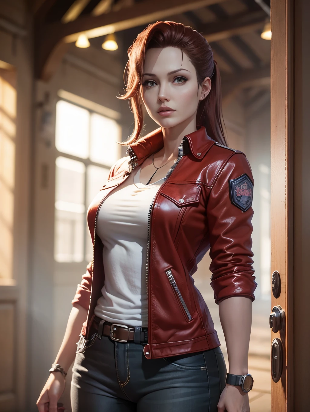 Beautiful Claire Redfield is a handsome man with pink skin, dark hair, realistic and detailed face, body, highly detailed CGI 8K clear image -