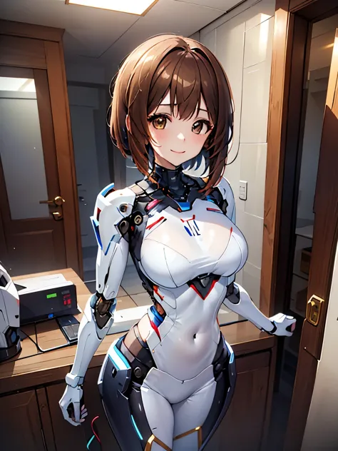 anime illustration style、West-dwelling＿Miho、1 girl、smile、wearing futuristic white armor, floating、Girl wearing mechanical cyber ...