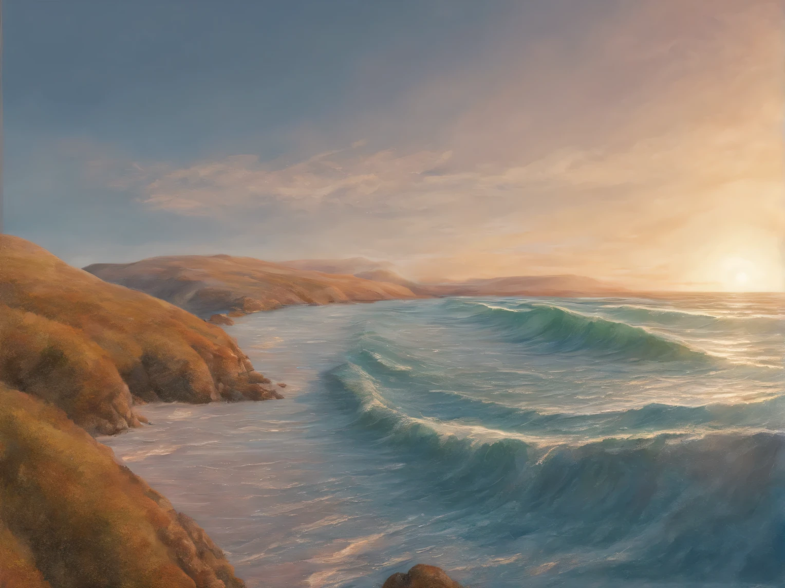 Sky is blue, shining in the mountains, Young morning descends from the mountains, Far below is the edge of the surf, And behind it is a shining expanse. Illustration, High detail, A high resolution, pastel, 8K
