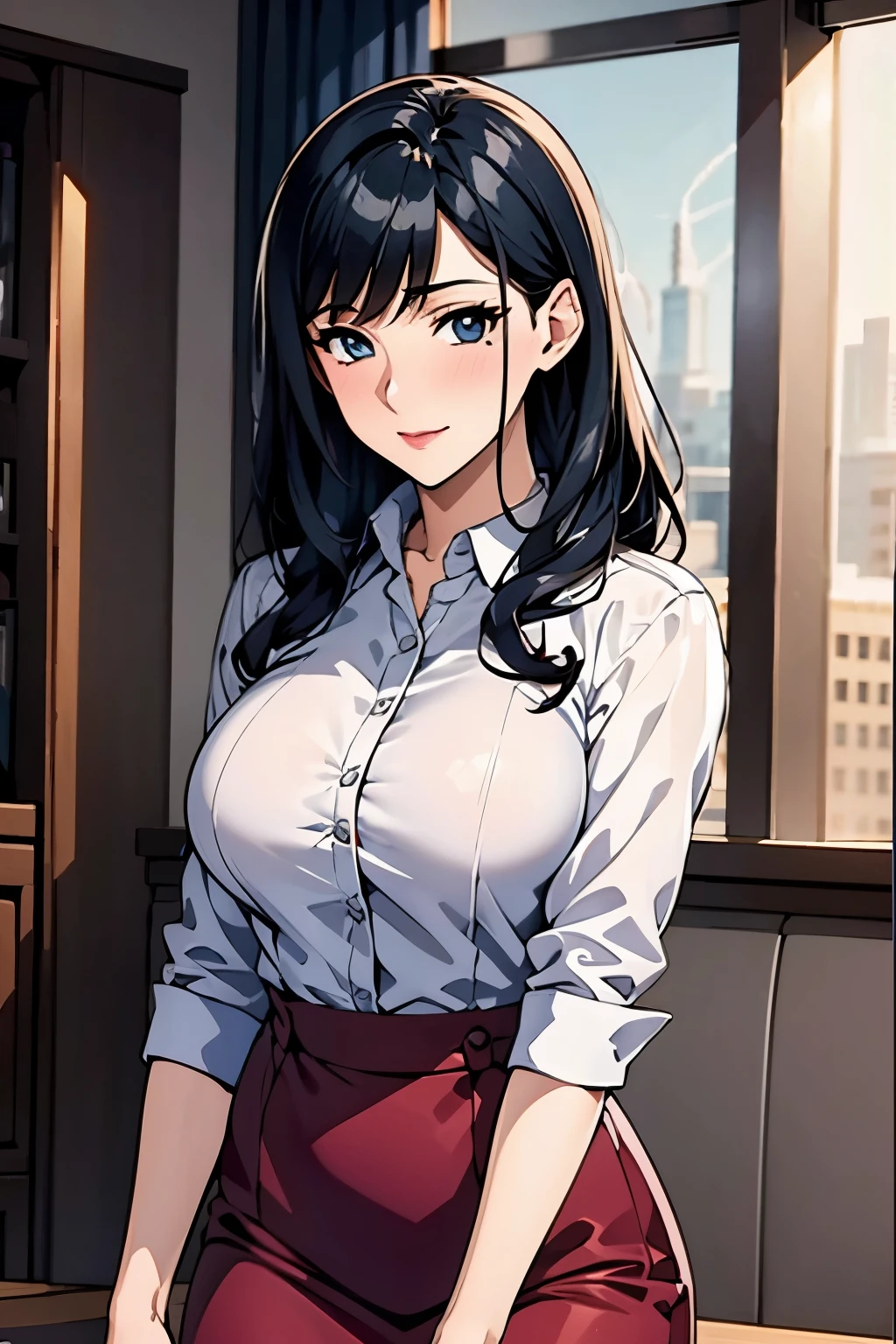 Tere,Wearing a suit, black hair,red skirt, white shirt, high quality,4k,