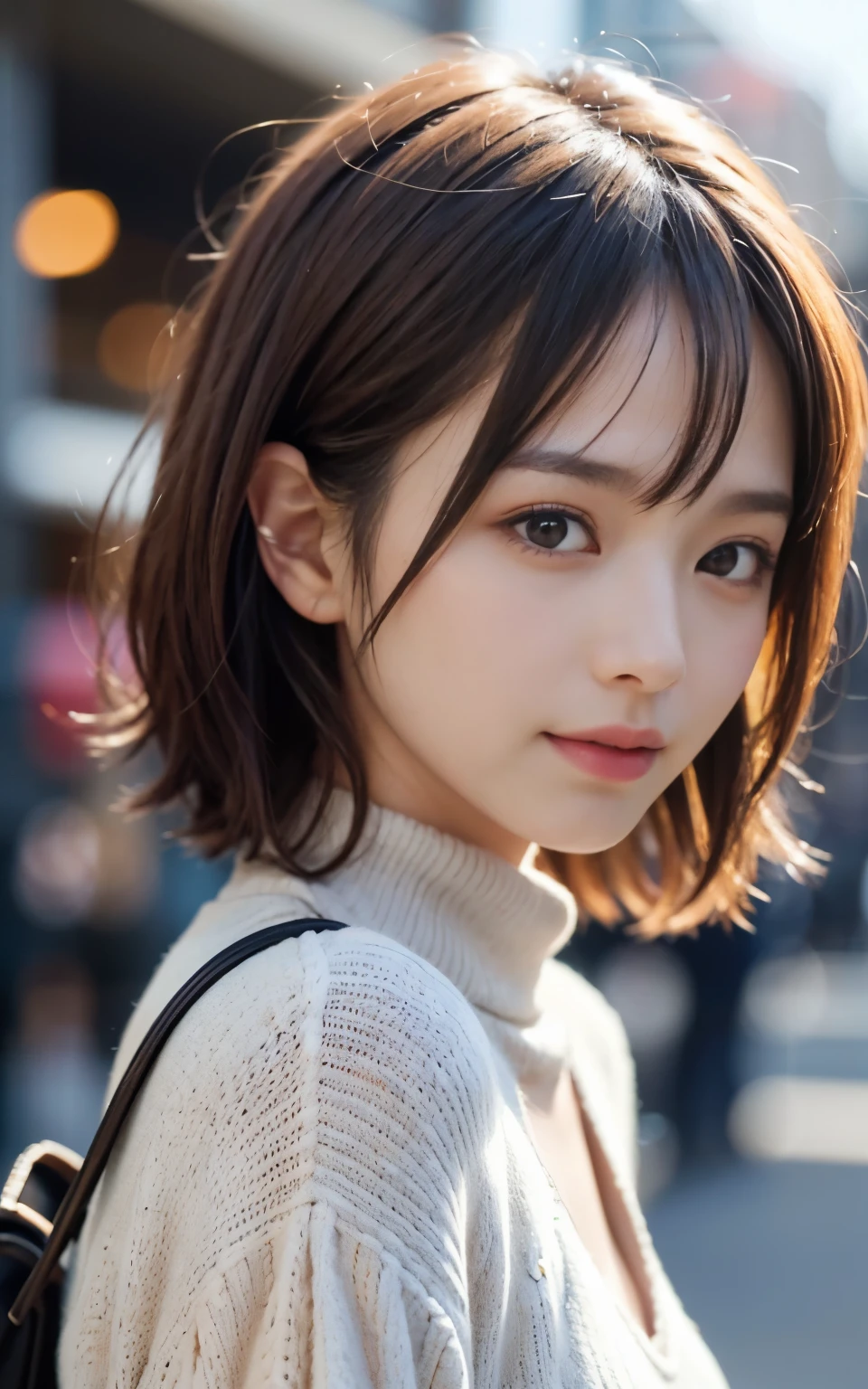 cute 21 year old japanese、clear sky、shopping、city、super detail face、pay attention to details、double eyelid、beautiful thin nose、sharp focus:1.2、Beautiful woman:1.4、(light brown hair,short hair、),pure white skin、highest quality、masterpiece、ultra high resolution、(Photoreal:1.4)、Highly detailed and professional lighting、nice smile、show the whole body、nice cute knit sweater