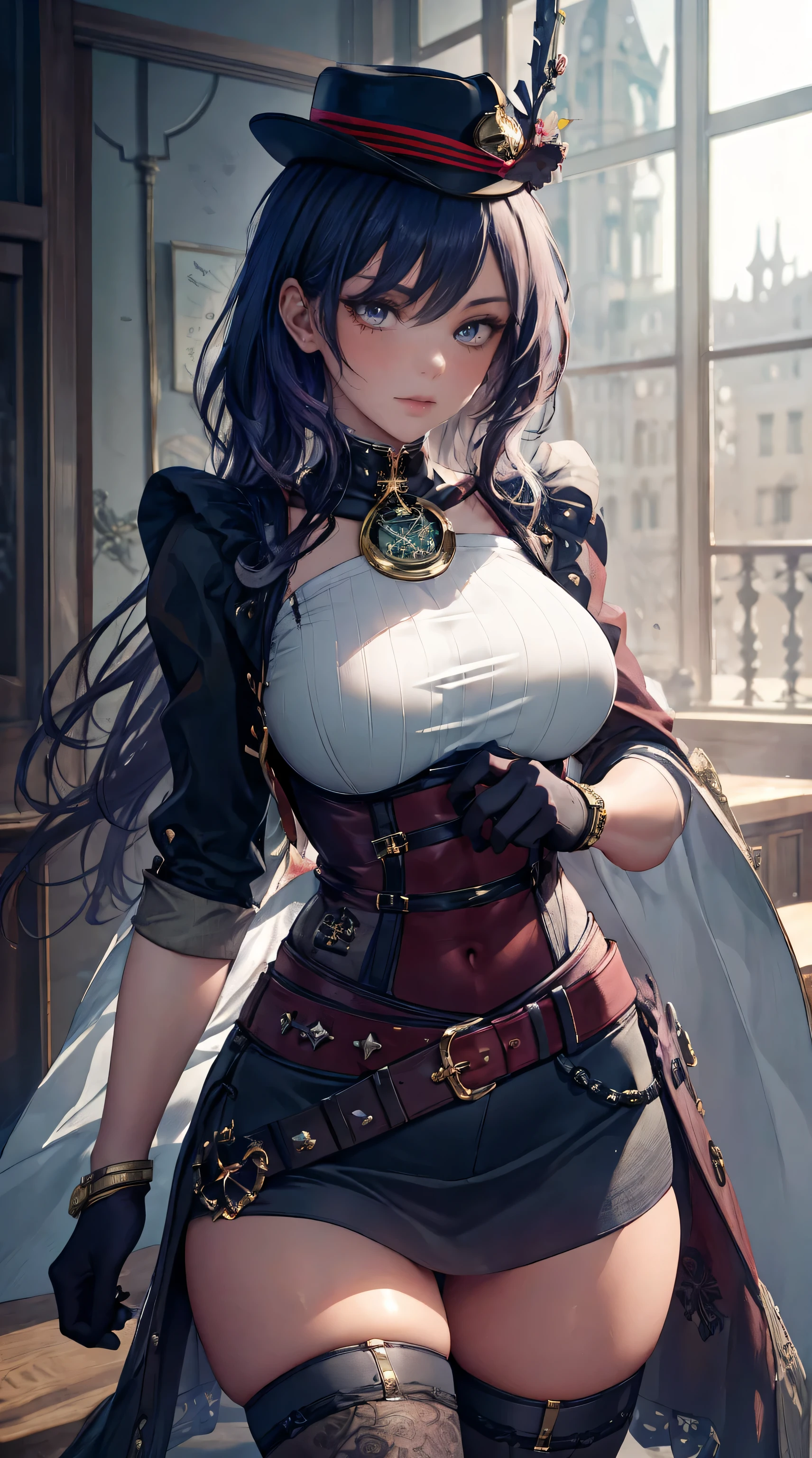 realistic, high resolution, 1 woman, hips up, beautiful eyes, long hair, big eyes, decorations, tattoo, skirt, thigh high, have, decorations, boots, belt, lips, Sentai Ryoiki, thigh boots, corset, top have, steampunk, steampunk_Costume