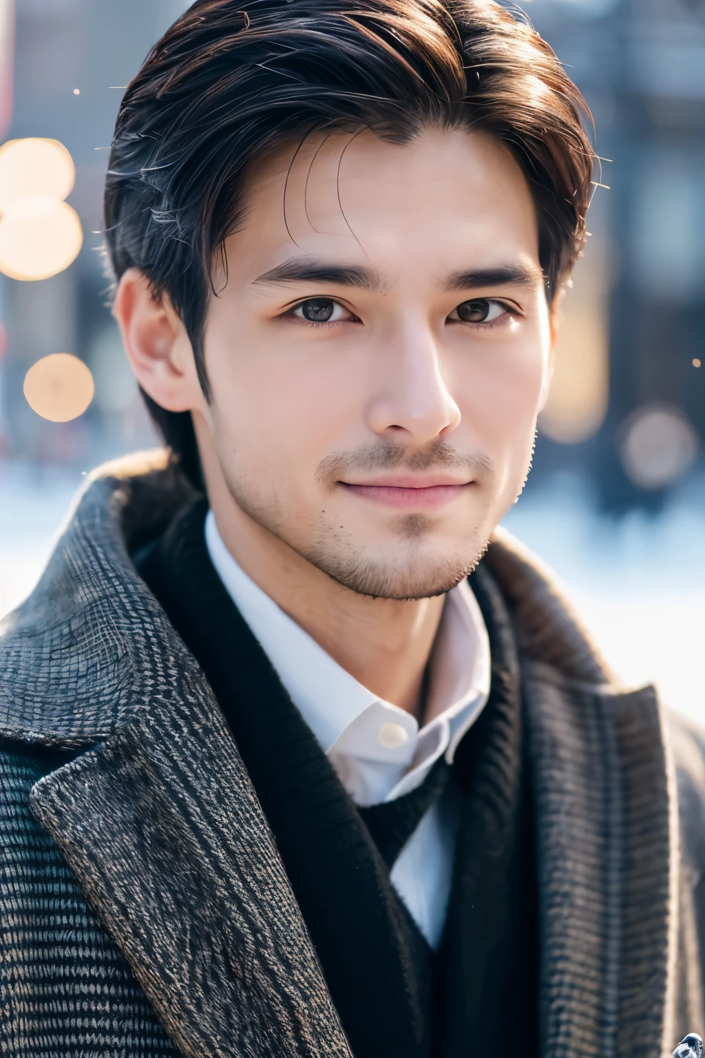 Fotorrealista, Retrato de cuerpo completo en 8K, un guapo, un hombre de 25 años, Una expresión encantadora, detalles detallados de la cara, TOKIOcty, inviernos, Shibuya al fondo