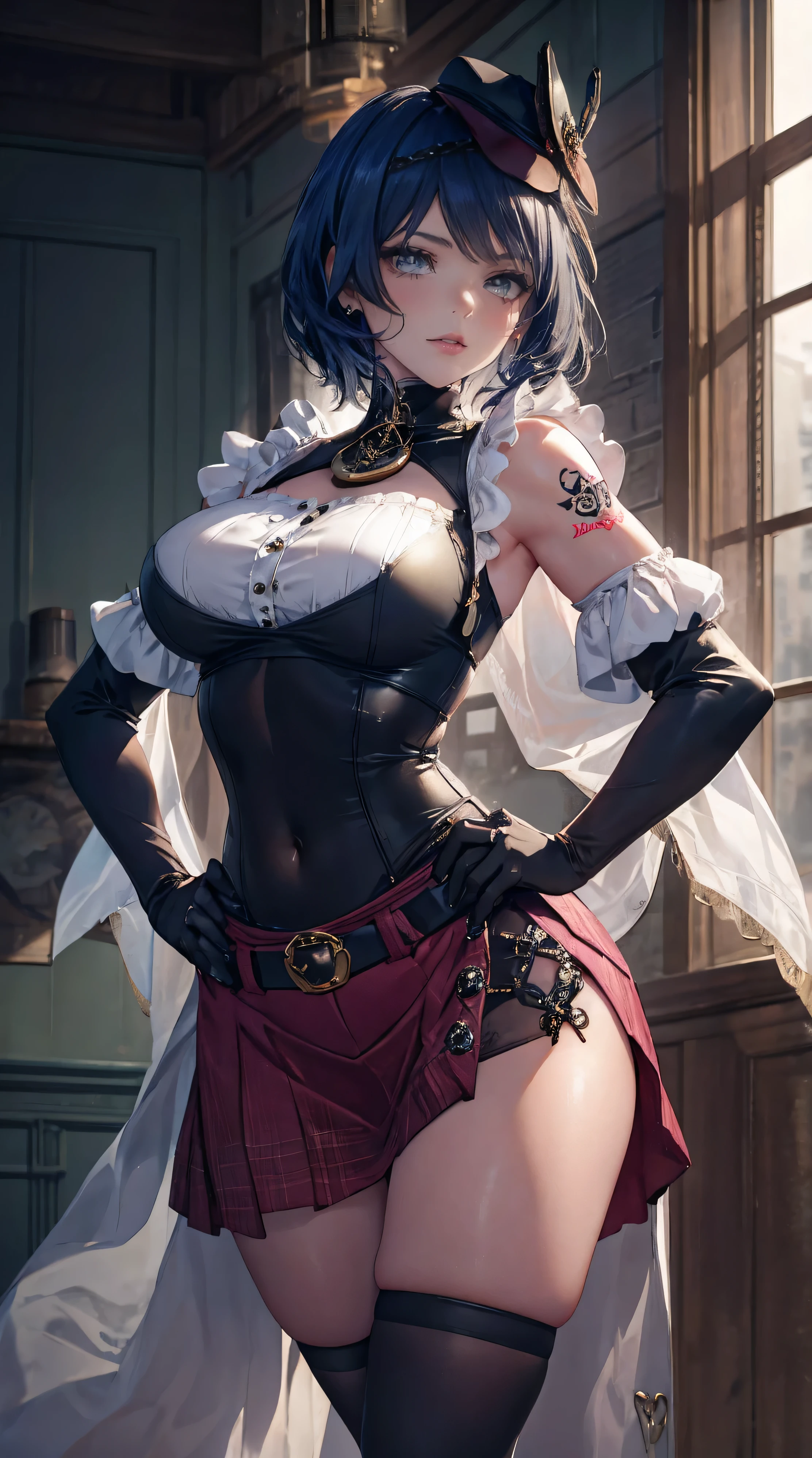realistic, high resolution, 1 woman, hips up, beautiful eyes, long hair, big eyes, decorations, tattoo, skirt, thigh high, have, decorations, boots, belt, lips, Sentai Ryoiki, thigh boots, corset, top have, steampunk, steampunk_Costume