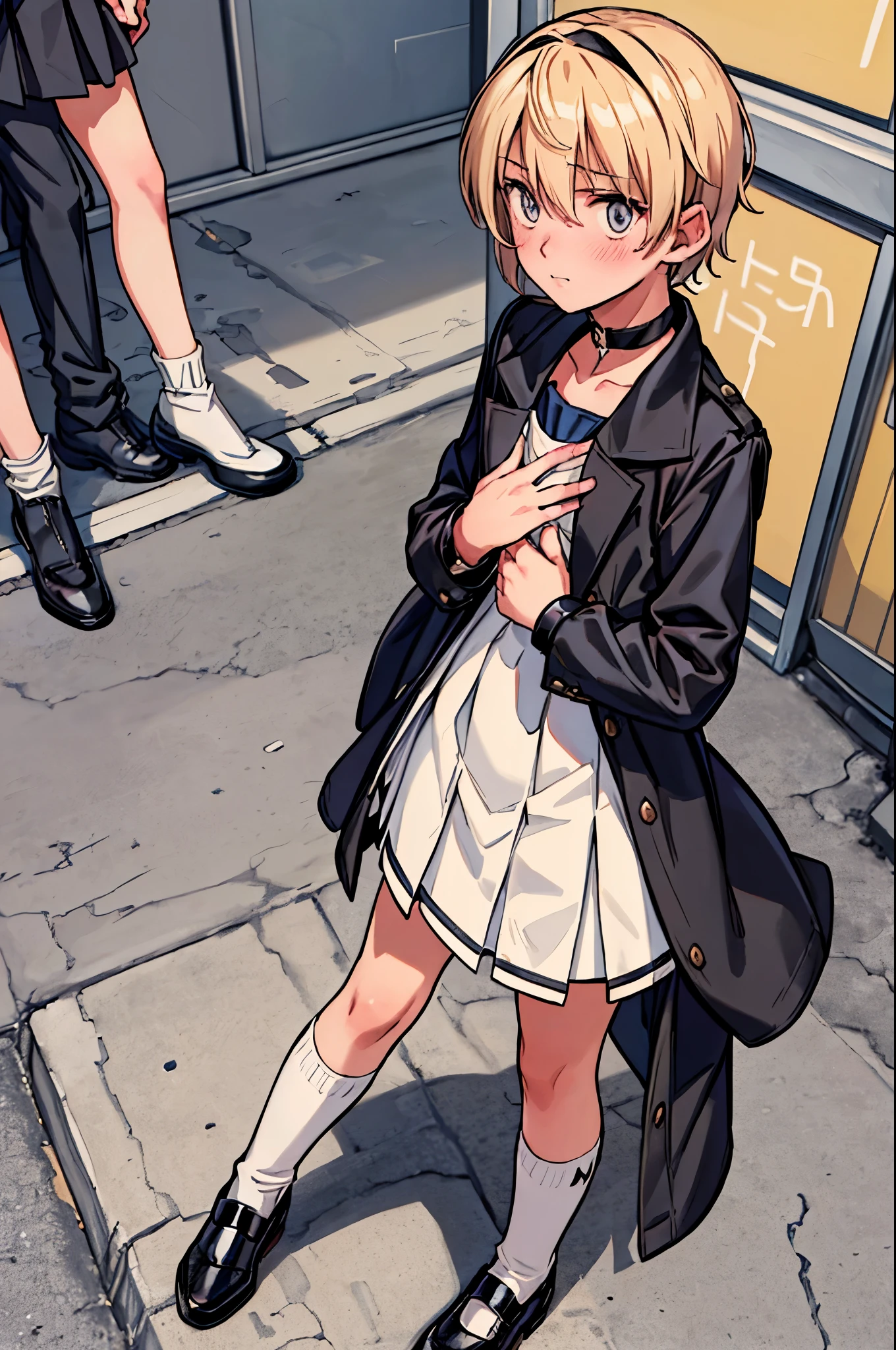 Anime girl in a school uniform standing on a sidewalk - SeaArt AI