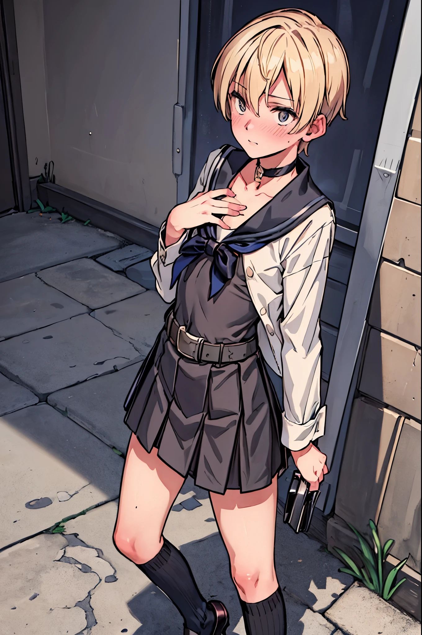 Anime girl in school uniform standing on sidewalk with gun - SeaArt AI