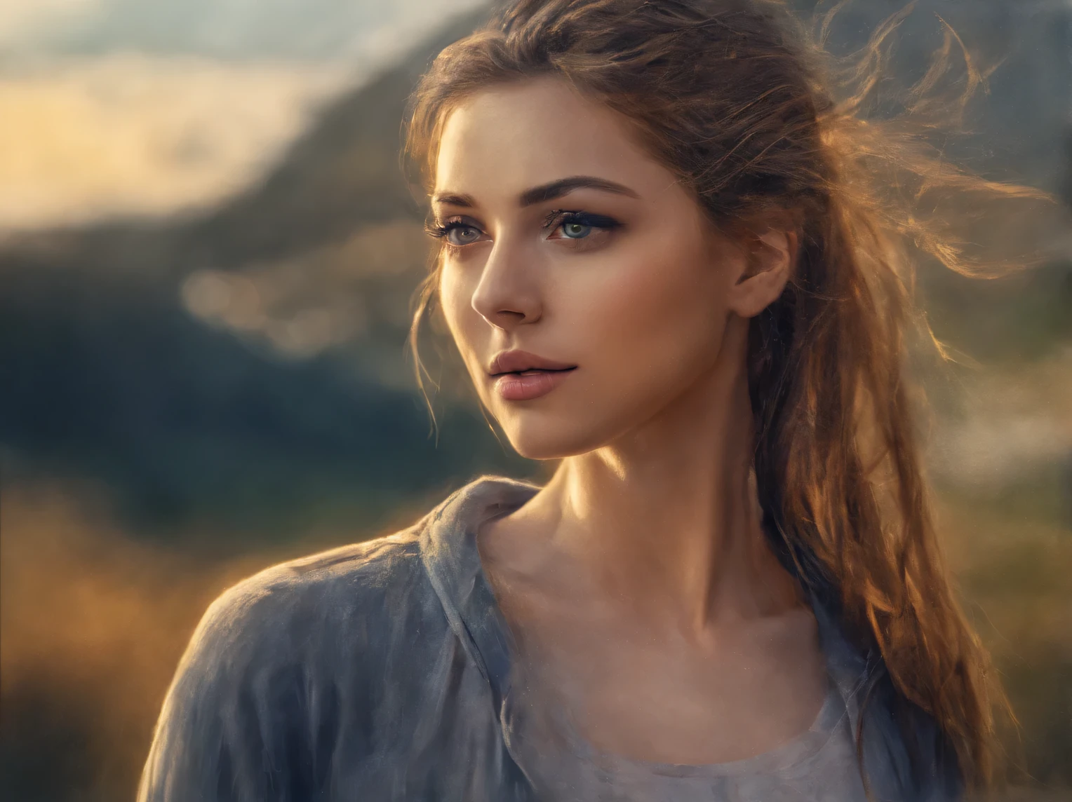 The neural network draws a portrait of a beautiful girl against the backdrop of a morning landscape, A high resolution, High detail, clarity 32 thousand., A high resolution