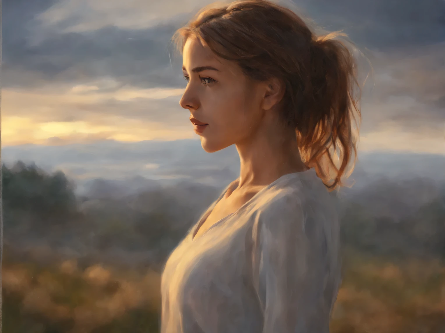 The neural network draws a portrait of a beautiful girl against the backdrop of a morning landscape, A high resolution, High detail, clarity 32 thousand., A high resolution