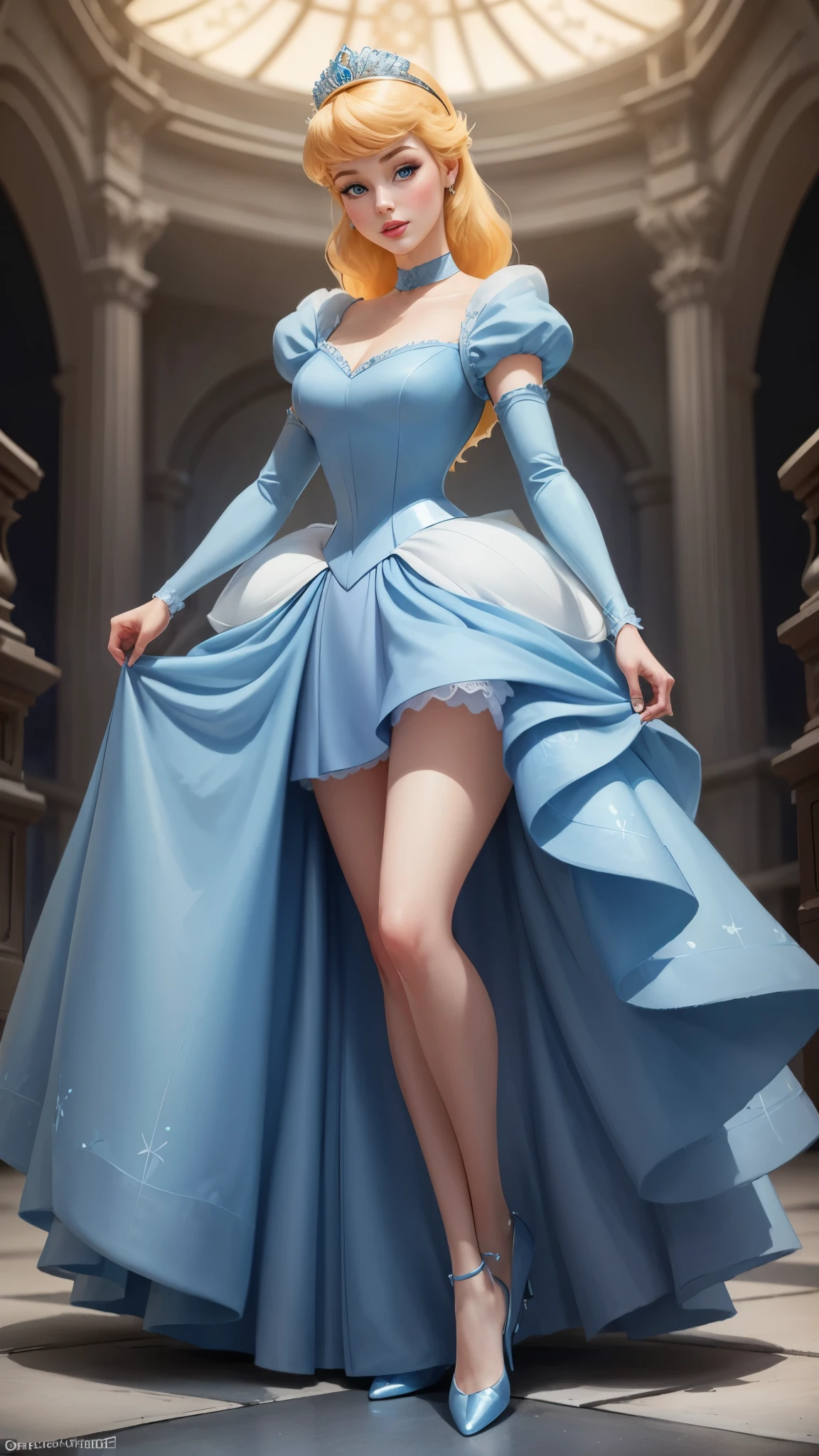 ((1 girl)), Masterpiece, (high quality, best render), (beautiful girl, cinderella), (bomb, pin-up style), hot, floss, perfect body, 4k hd, disney princess, beautiful female princess, anime princess, hd artwork, official art, disney cartoon, beautiful princess, long thin legs, large breasts, sexy pose, holding dress, vibrant colors, a cartoon princess in a blue dress with a tiable, she has pale skin, cinderella, disney character, disney character style, disney's princess, disney art style, disney artstyle, anime princess, fantasy, full dress, fancy party background