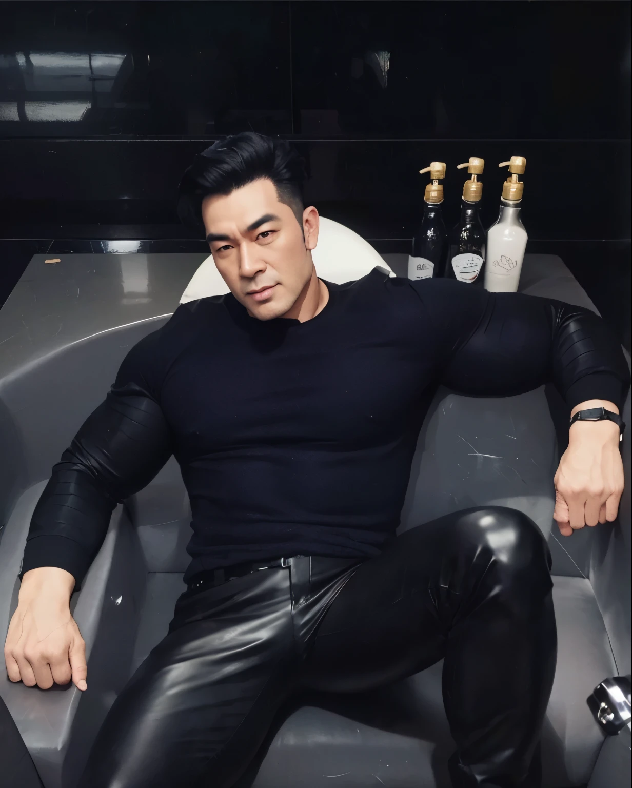 Araffed asian man in black shirt sitting in a bathtub - SeaArt AI