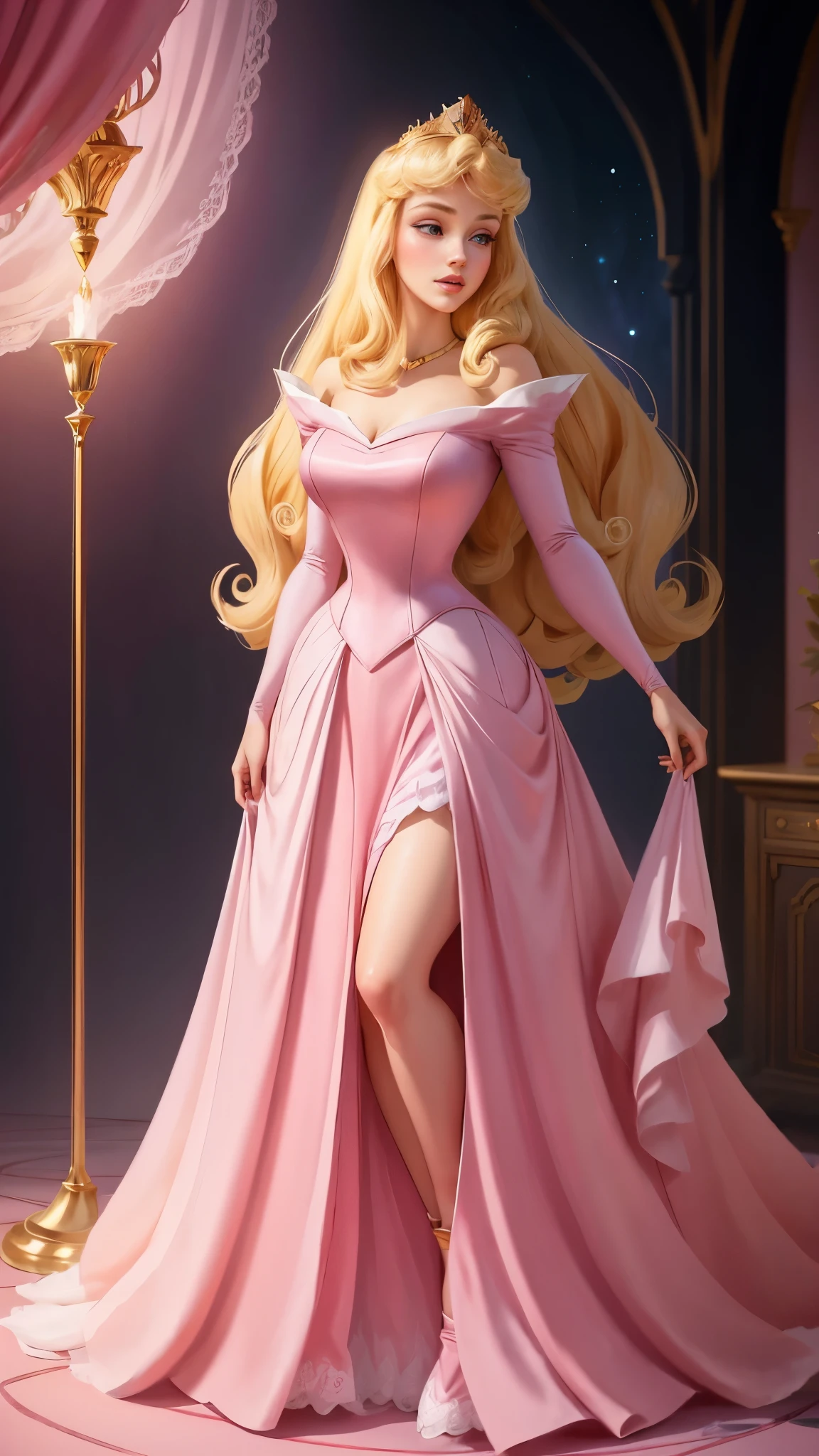 ((1 fille)), chef-d&#39;œuvre, (Haute qualité, meilleur rendu), (Belle fille, aurore), (bombe, style pin-up), Chaud, soie, corps parfait, 4K HD, Princesse disneye, belle princesse fémininee, princesse animéee, oeuvre d&#39;art HD, art officiel, Dessin animé Disney, belle princessee, longues jambes fines, gros seins, pose sexy, a cartoon princesse in a pink dress with a white crown, aurore, la princesse de Disneye, Conte de fées de la Belle au bois dormant, princesse blonde aux cheveuxe, Princesse disneye, personnage de Disney, princesse, princesse peach), charmante princesse languissantee, personnage de Disney style, princesse peach, porter une robe de bal rose, belle princessee, fond de salle de bal 