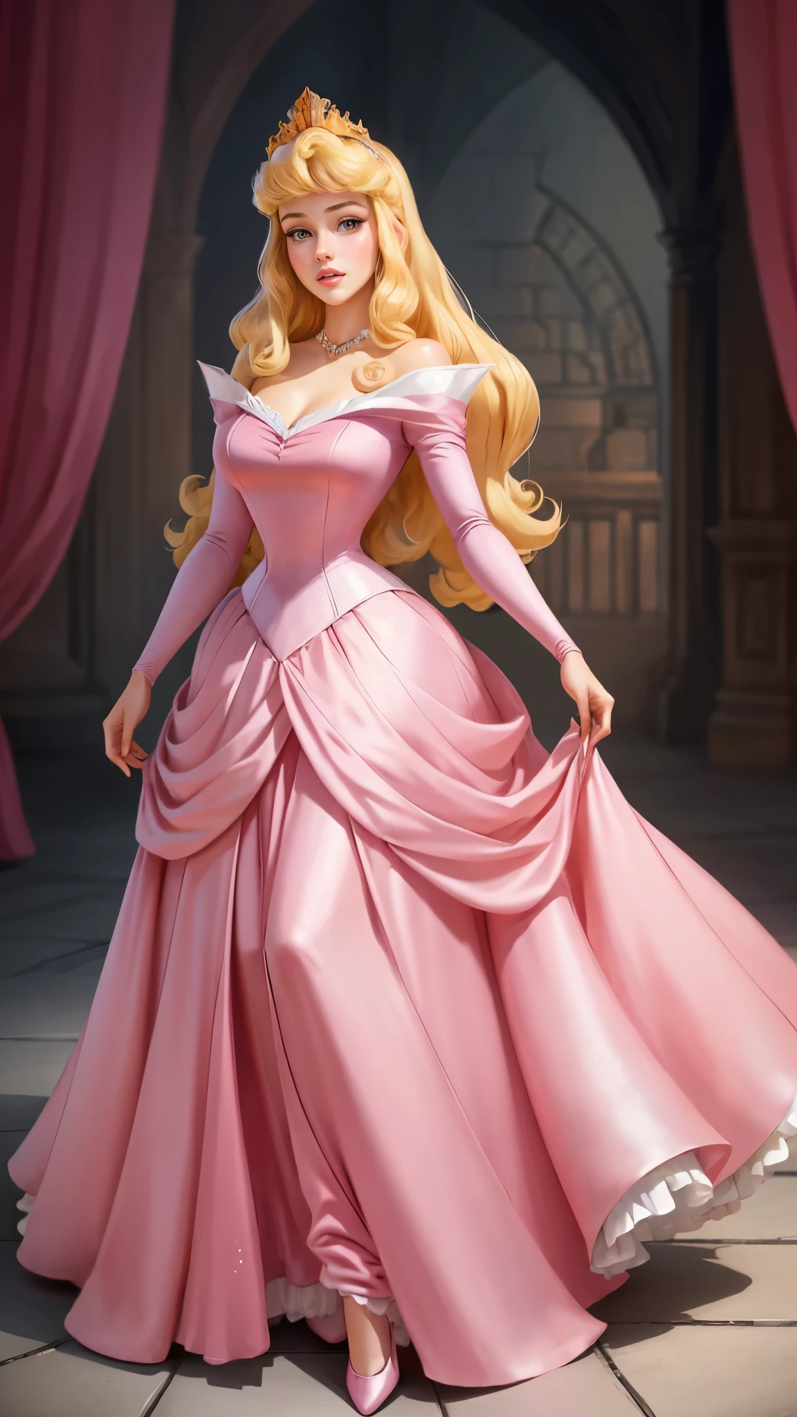 ((1 fille)), chef-d&#39;œuvre, (Haute qualité, meilleur rendu), (Belle fille, aurore), (bombe, style pin-up), Chaud, soie, corps parfait, 4K HD, Princesse disneye, belle princesse fémininee, princesse animéee, oeuvre d&#39;art HD, art officiel, Dessin animé Disney, belle princessee, longues jambes fines, gros seins, pose sexy, a cartoon princesse in a pink dress with a white crown, aurore, la princesse de Disneye, Conte de fées de la Belle au bois dormant, princesse blonde aux cheveuxe, Princesse disneye, personnage de Disney, princesse, princesse peach), charmante princesse languissantee, personnage de Disney style, princesse peach, porter une robe de bal rose, belle princessee, fond de salle de bal 