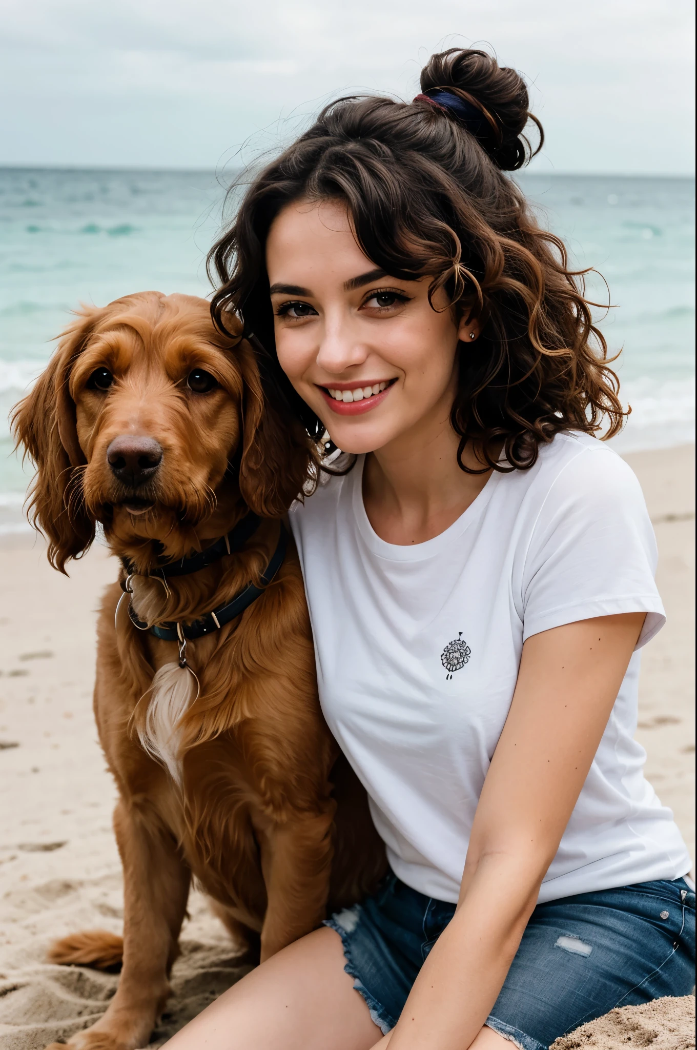 Arafed woman sitting on the beach with her dog - SeaArt AI