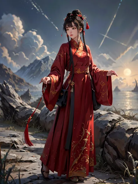 Ridiculous, high resolution, Super detailed, (1 girl:1.3), Hand Painted, simple lines, 16-year-old girl wearing red Chinese Hanfu , masterpiece, standing on the cliff, moonlight, at night,colorful，partially underwater