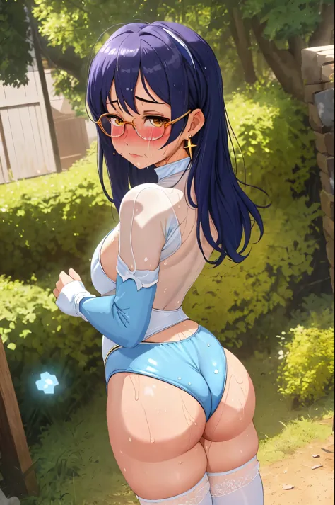 Masterpiece, best quality,Solo, from behind, looking back, cowboy shot,Sonoda umi,(white and blue leotard), magical girl glasses, earrings, thighhighs ,outdoors,day, golden eyes, embarrassed,(blushing:1.2),big ass, (sweating:1.2)