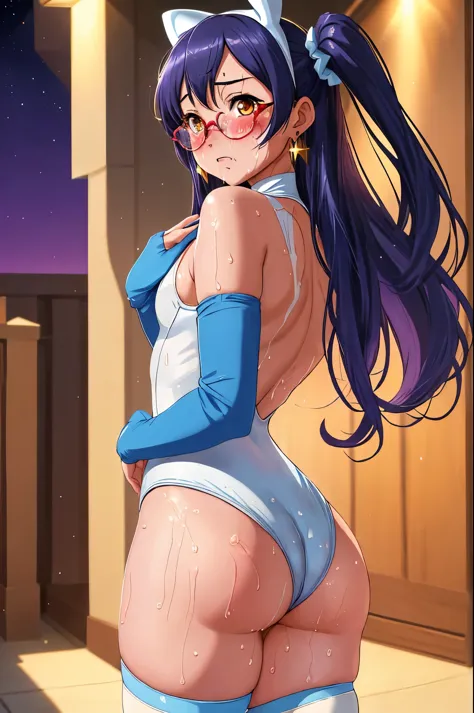 Masterpiece, best quality,Solo, from behind, looking back, cowboy shot,Sonoda umi,(white and blue leotard), magical girl glasses, earrings, thighhighs ,at night, golden eyes, embarrassed,(blushing:1.2),big ass, (sweating:1.2)
