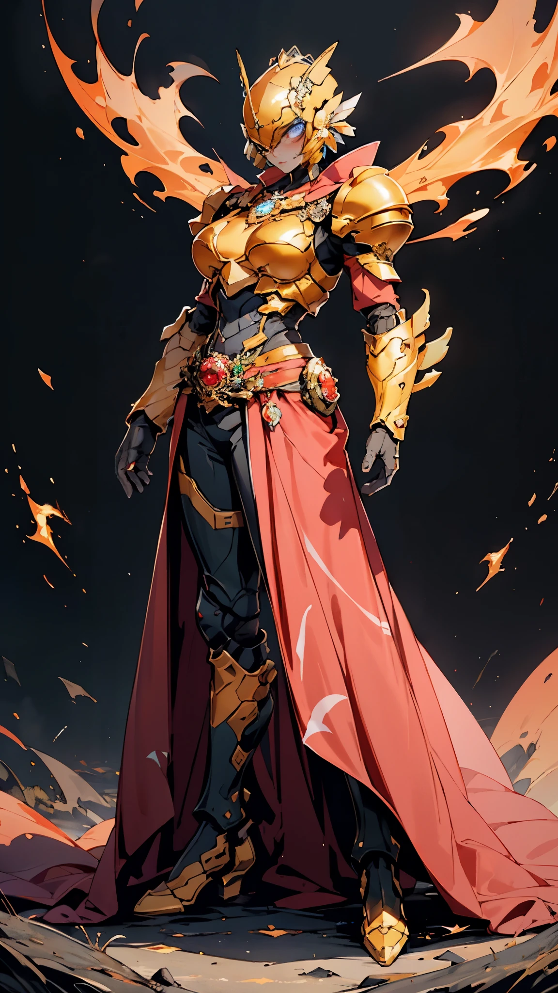 A woman adorned in fantasy-style full-body armor, a crown-concept fully enclosed helmet that unveils only her eyes, a composite layered chest plate, fully encompassing shoulder and hand guards, a lightweight waist armor, form-fitting shin guards, the overall design is heavy-duty yet flexible, (the armor gleams with a golden glow, complemented by red and blue accents), exhibiting a noble aura, she floats above a fantasy-surreal high-tech city, this character embodies a finely crafted fantasy-surreal style armored hero in anime style, exquisite and mature manga art style, (mixture of Queen bee and Spider concept Armor, plasma), ((Element, elegant, goddess, femminine:1.5)), metallic, high definition, best quality, highres, ultra-detailed, ultra-fine painting, extremely delicate, professional, anatomically correct, symmetrical face, extremely detailed eyes and face, high quality eyes, creativity, RAW photo, UHD, 32k, Natural light, cinematic lighting, masterpiece-anatomy-perfect, masterpiece:1.5