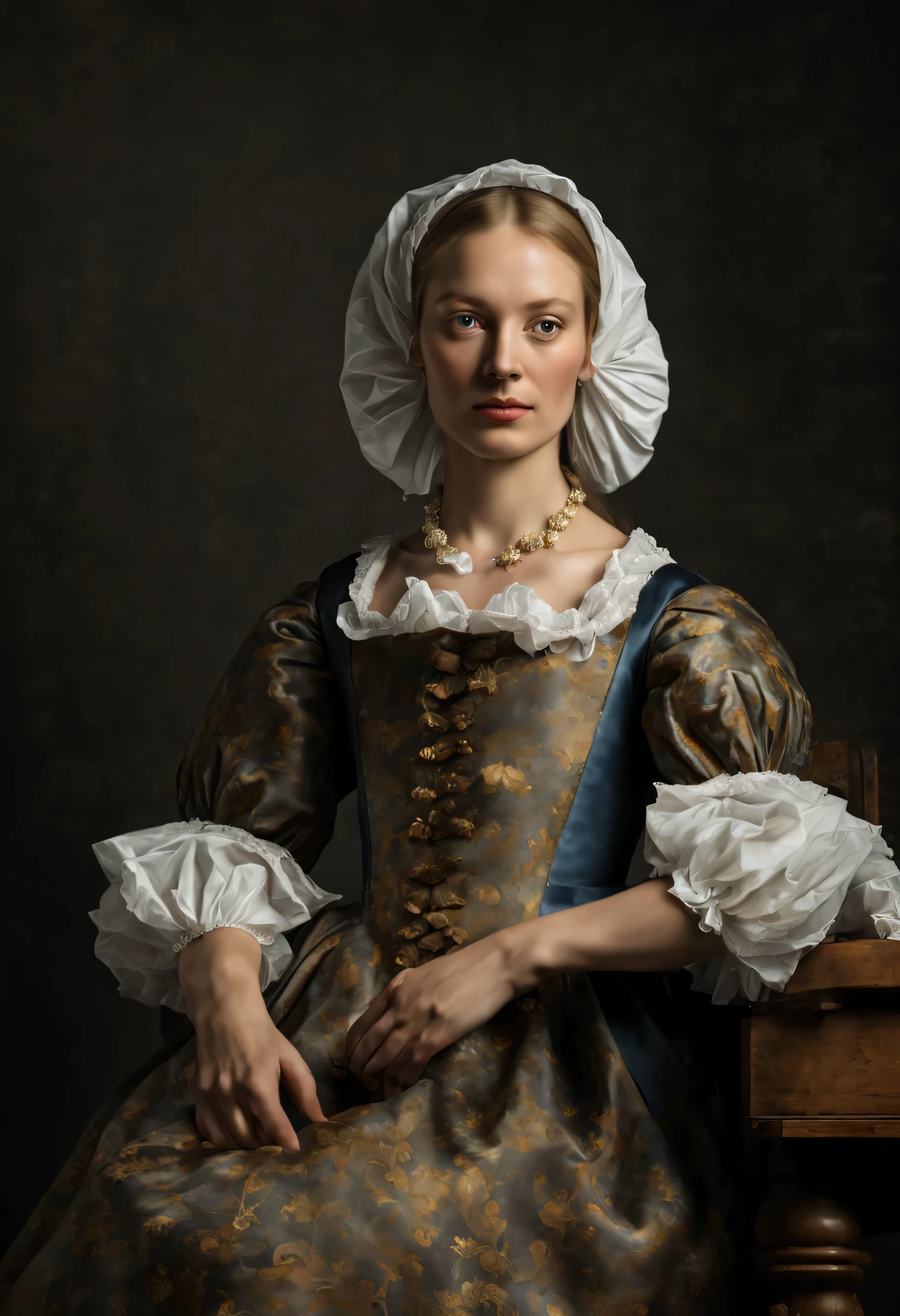 Bust portrait of a Dutch woman from the Netherlands Golden Age.., realistic, Johannes Vermeer style, Rembrandt style, 17th century European girl, on a black background, เด็กสาวชาวดัตช์ที่มีท่าทางmysterious, Dress of the Dutch aristocracy in the 17th century, soft diffused light, Meticulous details, luxurious rooms, European skin color, Facial features, Masterpiece, Timeless, mysterious, shine, Baroque art style, miraculous, --V6 --A1000