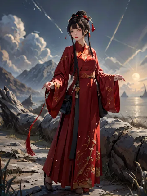 Ridiculous, high resolution, super detailed, (1 girl:1.3), Hand Painted, Simple lines, The girl looks good in red Hanfu , masterpiece, standing on the cliff, moonlight, night,rich and colorful，Partly underwater，beautiful facial features