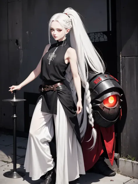 (red eyes), solo, 1girl, young girl, cheerful smirk, shadow on eyes, pale skin, (long white hair with single braid), (messy haircut), ((fantasy medieval clothes), (black sleeveless shirt)), ((light armored clothes)), oversized canvas pants, black leather b...