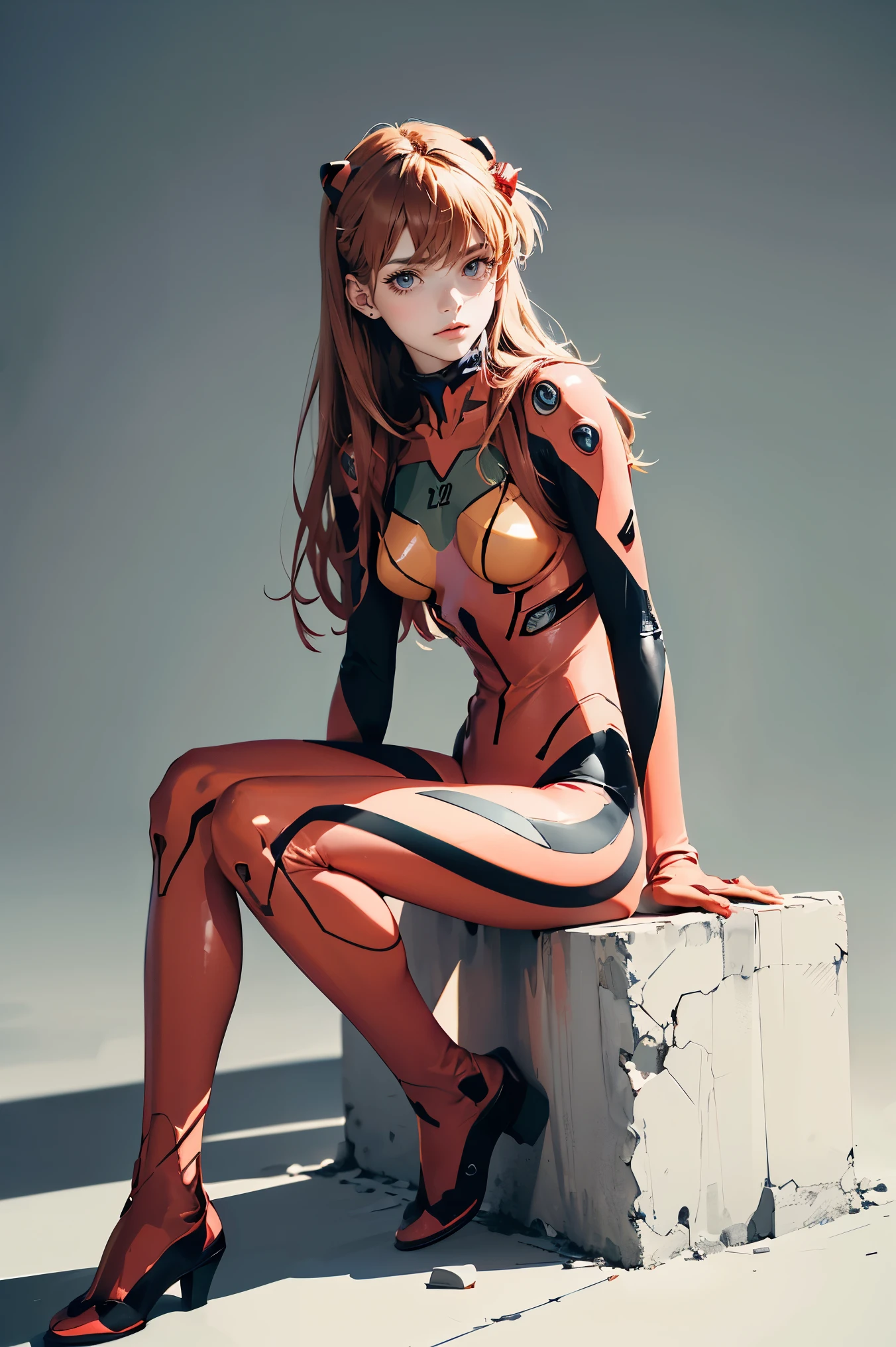 ((obra maestra, alta calidad, mejor calidad, 8K, fondo de pantalla, detallado)), 1 chica (Evangelion de Asuka)mejor calidad, obra maestra, Realista, photoRealista, solo, mirando al espectador, cuerpo completo, Sesión, pelo largo, cabello rojo, disfraz de asuka, evangelion, cosplay, traje enchufable, mono, adorno para el pelo (fondo gris claro monocromático) ((luz tenue)) 