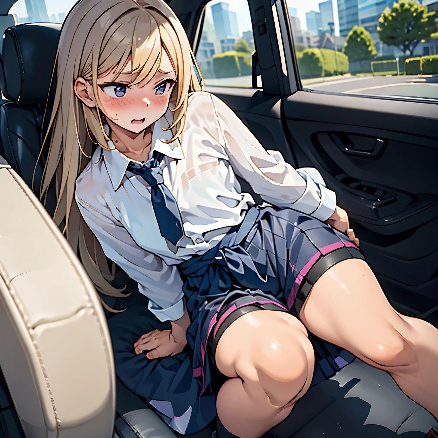 Anime girl sitting in a car with her legs crossed - SeaArt AI