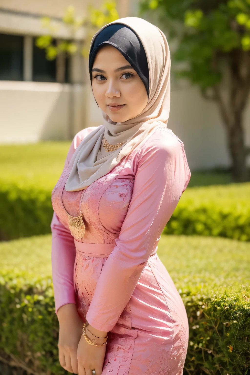 A woman in a pink dress and hijab poses for a picture - SeaArt AI