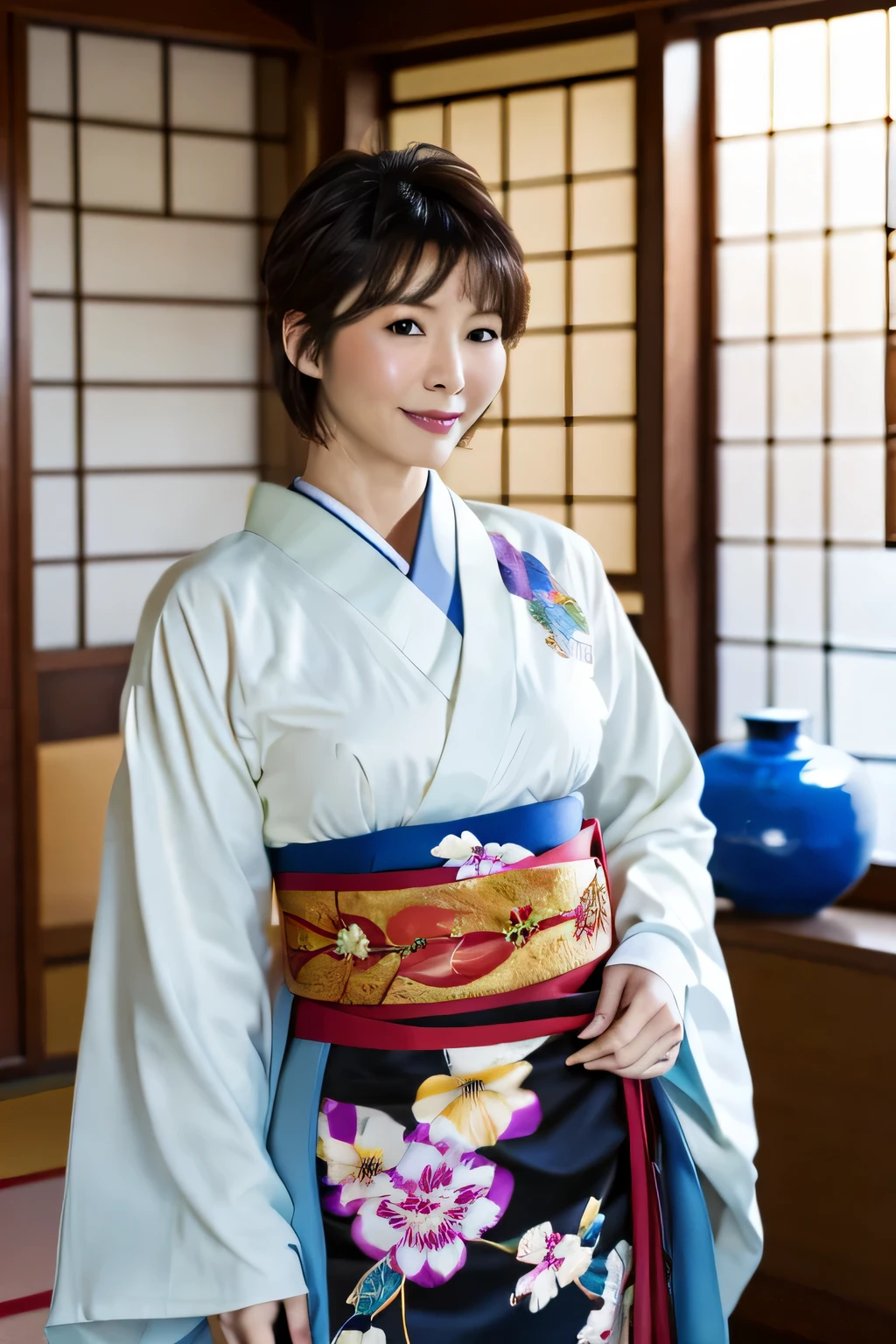 высшее качество, шедевр, сверхвысокое разрешение, (реалистичный:1.4), Необработанное фото, Очень подробно, идеальная анатомия, ковбойский выстрел, верхняя талия, смотрю на зрителя, в японской комнате, носить роскошное кимоно,, Детализированные очень красивые черные короткие волосы, Детализированное и роскошное кимоно, Специальный японский номер, Detailed and very beautiful реалистичный skin,красивая зрелая женщина,Без макияжа,
