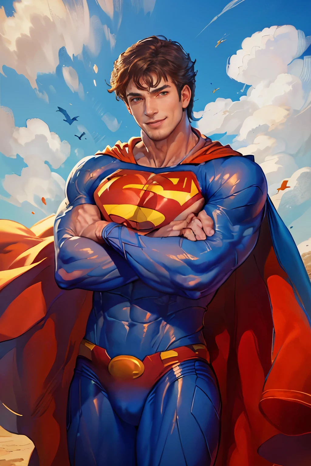 (masterpiece, best quality:1.2), cowboy shot, solo, male focus, 1boy, muscular male, smile, looking at viewer, crossed arms, supermansuit, blue bodysuit, cape, blue clouds, sky