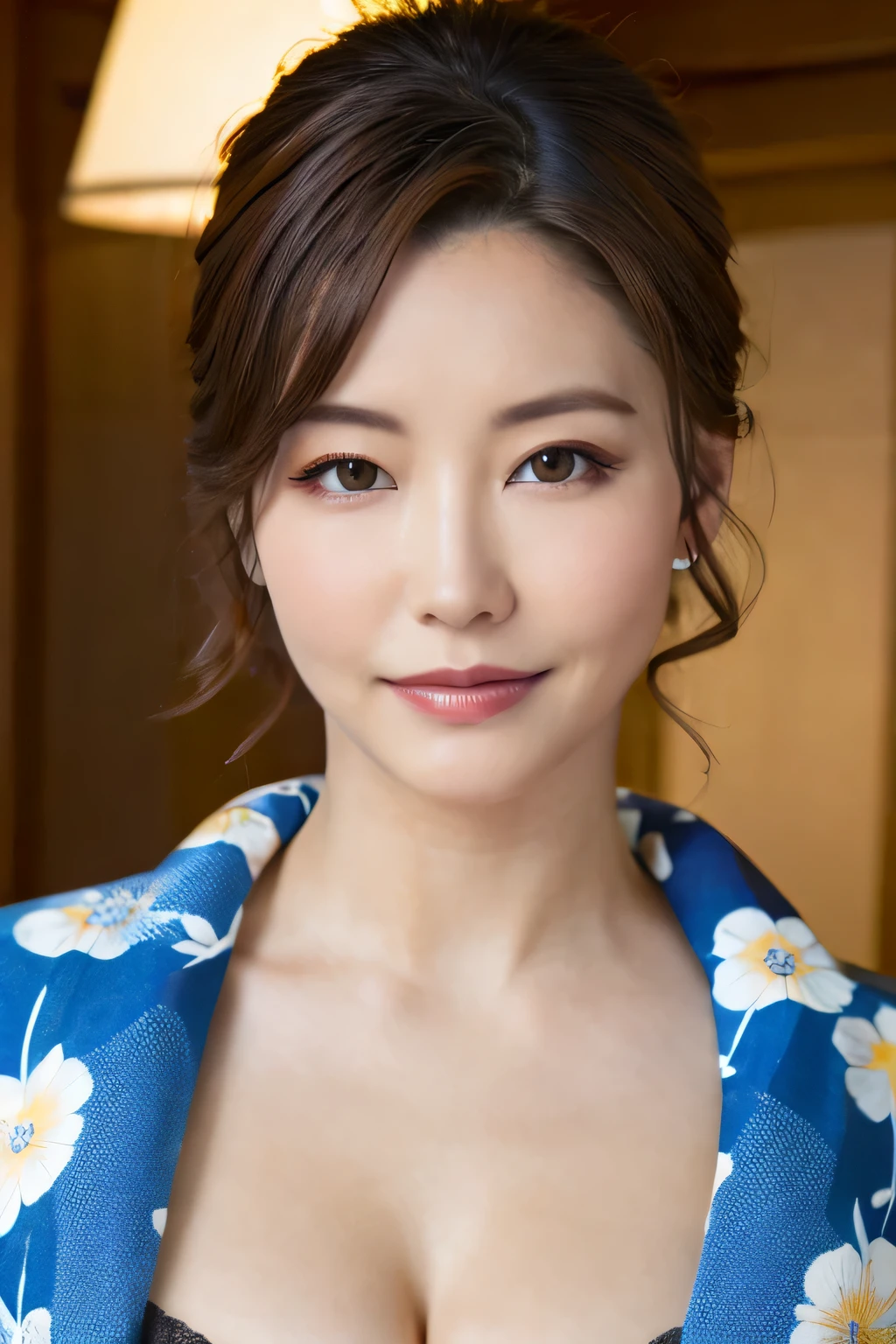 ((highest quality, 8k, masterpiece: 1.3)), sharp focus: 1.2, beautiful woman with perfect figure: 1.4, (kimono), Highly detailed face and skin texture, fine eyes, (lips), dark brown hair,big breasts,lip gloss,