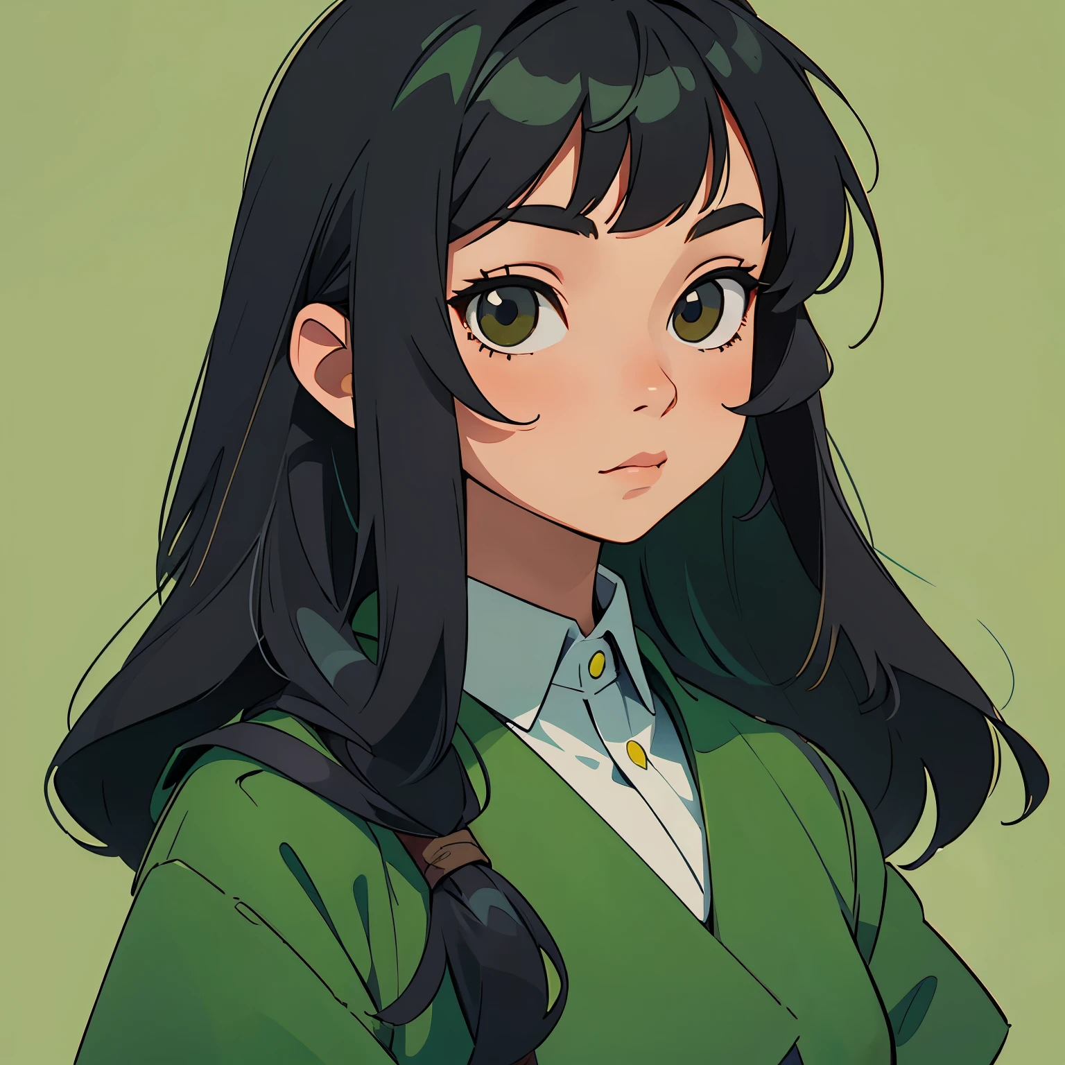 Mia, 1girl, student, green uniform, tall 1.6m, black long hair, medium eyes size, portrait, detailed