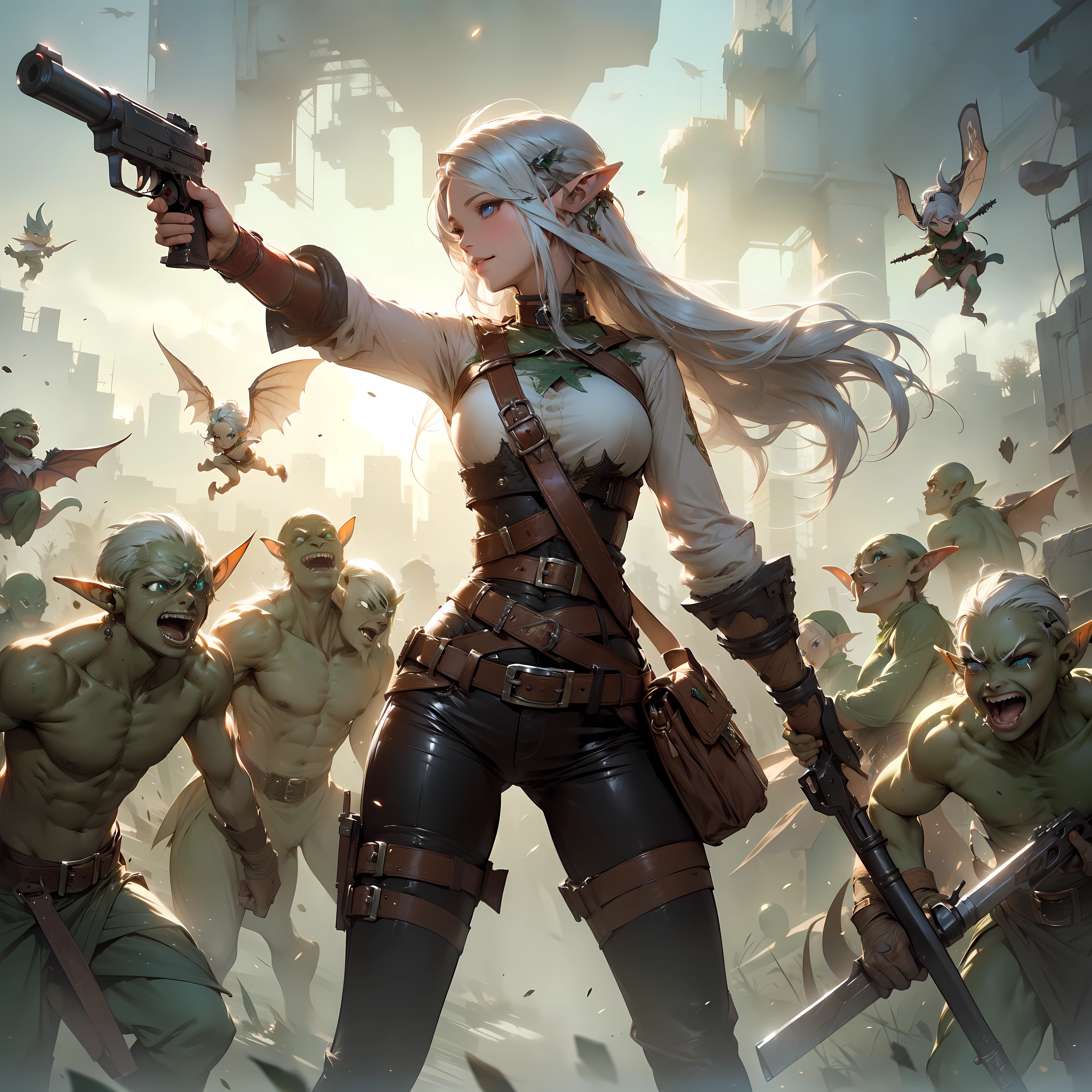 A portrayal of elf girl standing with a gun in hand againts facing a group of ((goblins)) with mace, style by Yoji Shinkawa, full body, dynamic pose, perfect anatomy, Fantasy art style, soul, approach to perfection, cell shading, 8k, cinematic dramatic atmosphere, watercolor painting, artstation, cinematic lighting, BREAK,

perfect face, details eye, ((elf:1.4)), (1girl), (hairstyle:1.6), (messy hair), (white hair), Plump lips, blue eyes, happy expression, medium breast.
