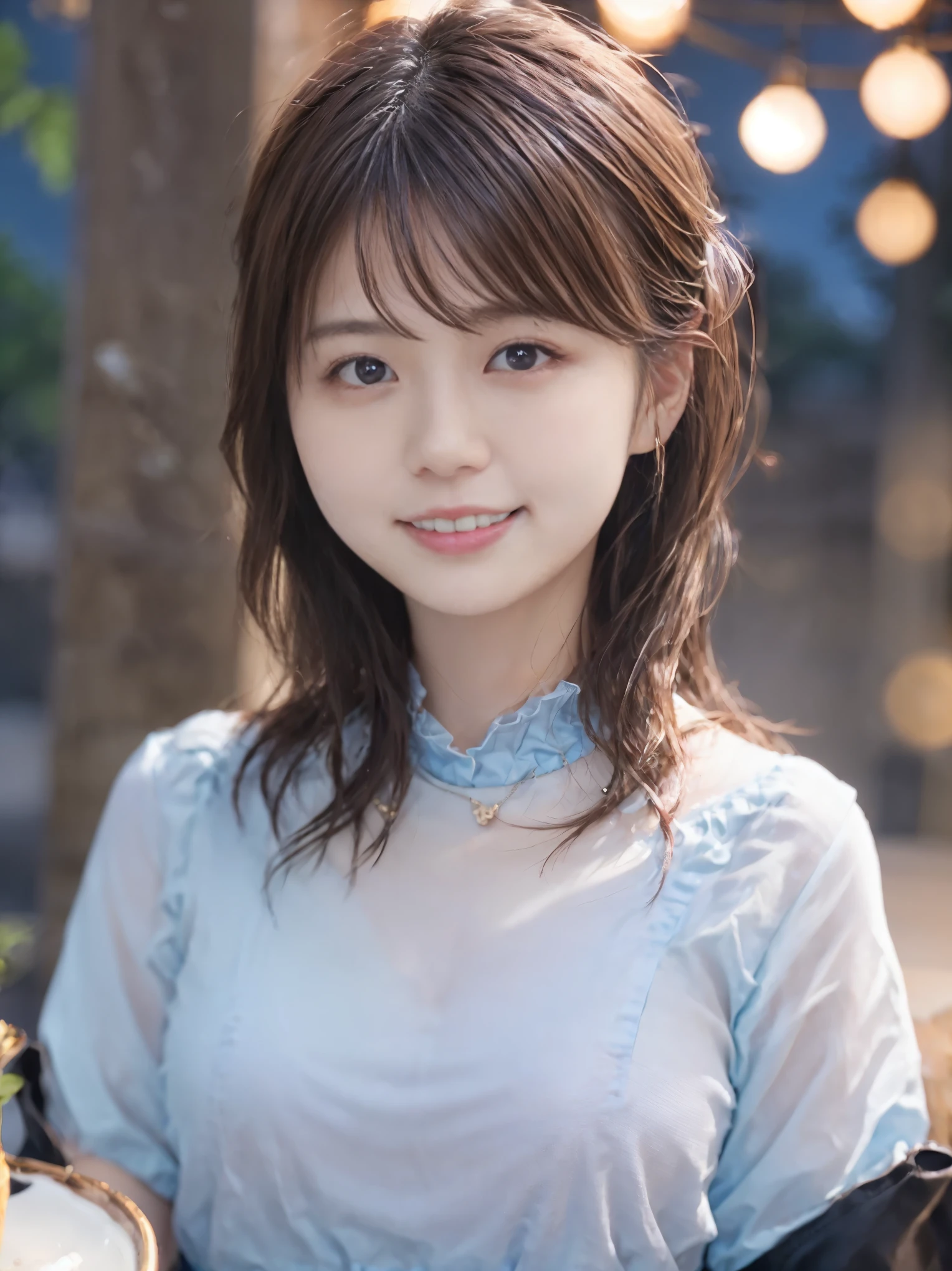 1 girl, (Wearing a light blue blouse:1.2), (RAW photo, highest quality), (realistic, Photoreal:1.4), table top, very delicate and beautiful, very detailed, 2k wallpaper, wonderful, finely, very detailed CG Unity 8K 壁紙, Super detailed, High resolution, soft light, beautiful detailed girl, big breasts、very detailed目と顔, beautifully detailed nose, beautiful and detailed eyes, cinematic lighting, night city lights, perfect anatomy, slender body, smile