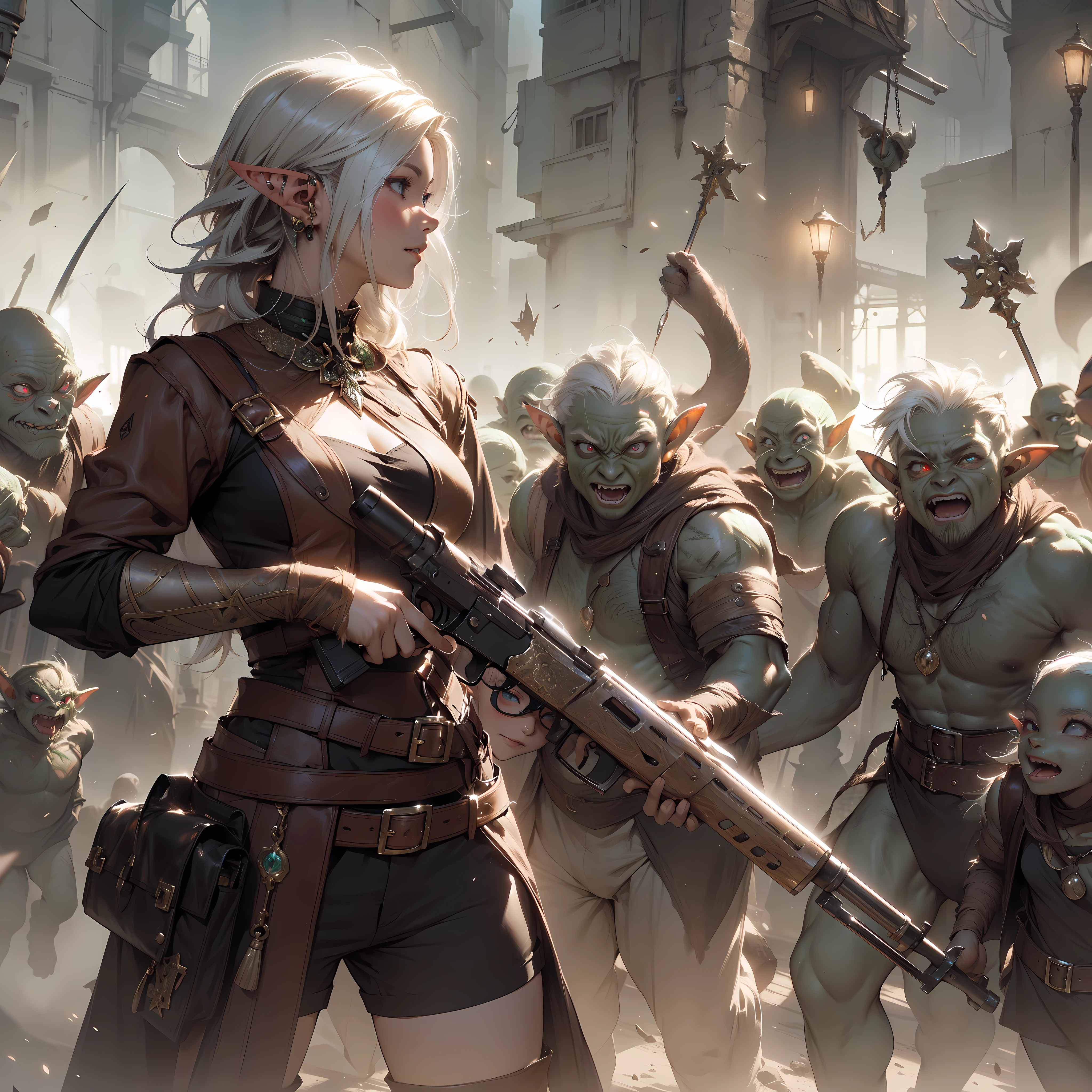 A portrayal of elf girl standing with a gun in hand, againts facing a group of ((goblins:1.3)) with mace, style by mikimoto Haruhiko, by Yoji Shinkawa,  full body, dynamic pose, perfect anatomy, Fantasy art style, soul, approach to perfection, cell shading, 8k, cinematic dramatic atmosphere, watercolor painting, artstation, cinematic lighting, BREAK,

perfect face, details eye, ((elf:1.4)), (1girl), (hairstyle:1.6), (messy hair), (white hair), Plump lips, blue eyes, happy expression, medium breast.