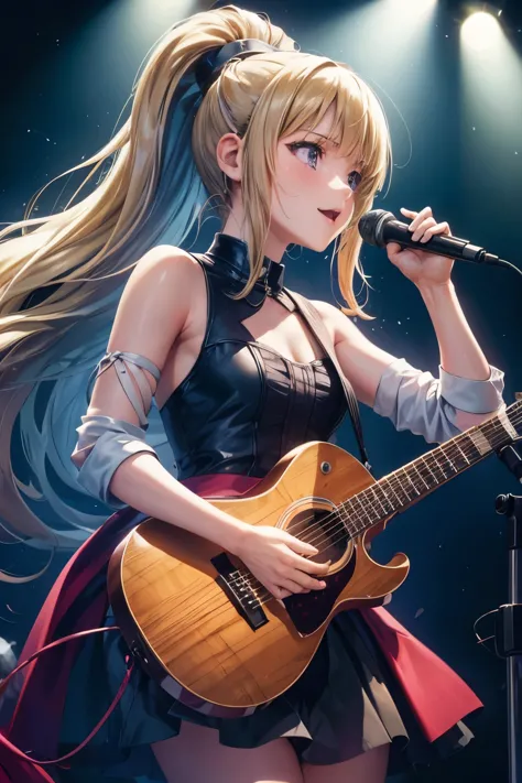 (best quality,4k,8k,highres,masterpiece:1.2),ultra-detailed,negative space:1.2,1 girl:1.4,kei karuizawa,singer,guitarist,stage p...