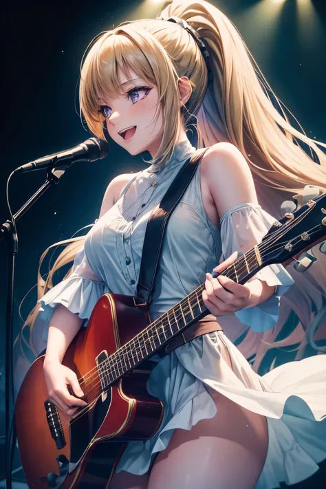 (best quality,4k,8k,highres,masterpiece:1.2),ultra-detailed,negative space:1.2,1 girl:1.4,kei karuizawa,singer,guitarist,stage p...