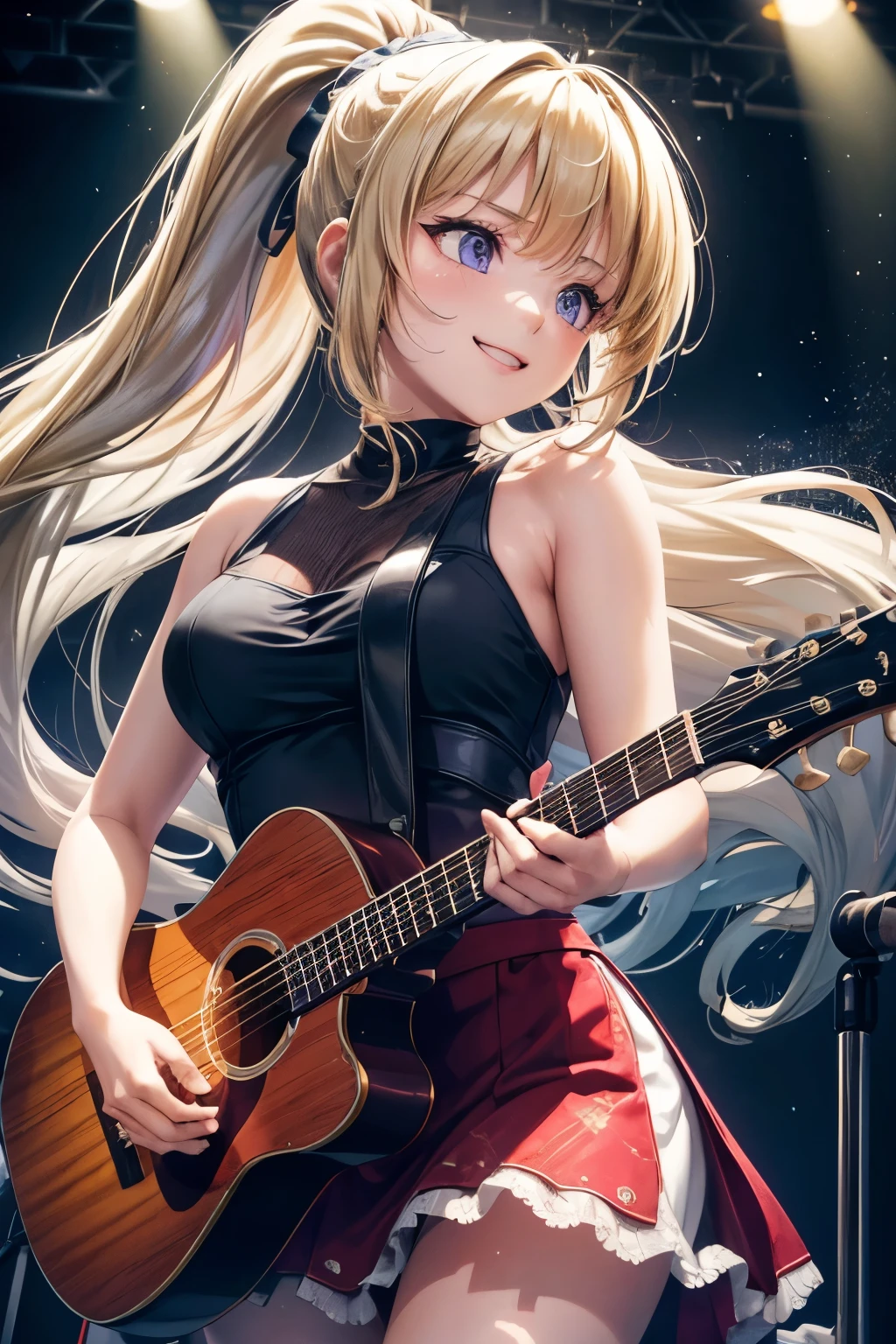 (best quality,4k,8k,highres,masterpiece:1.2),ultra-detailed,negative space:1.2,1 girl:1.4,kei karuizawa,singer,guitarist,stage performance,ponytail,purple eyes,blonde hair,spotlight,vibrant colors,vintage microphone,emotional expression,ethereal setting,soft lighting,stage fog,serene atmosphere,solo performance,confident posture,mesmerizing voice,crowd applause,shadow and light contrast,dynamic composition,rich textures,vivid musical notes,energetic strumming,powerful vocals,deep emotional connection,haunting melody,captivating performance,pensive mood,poetic lyrics,transcendent experience, smiling 