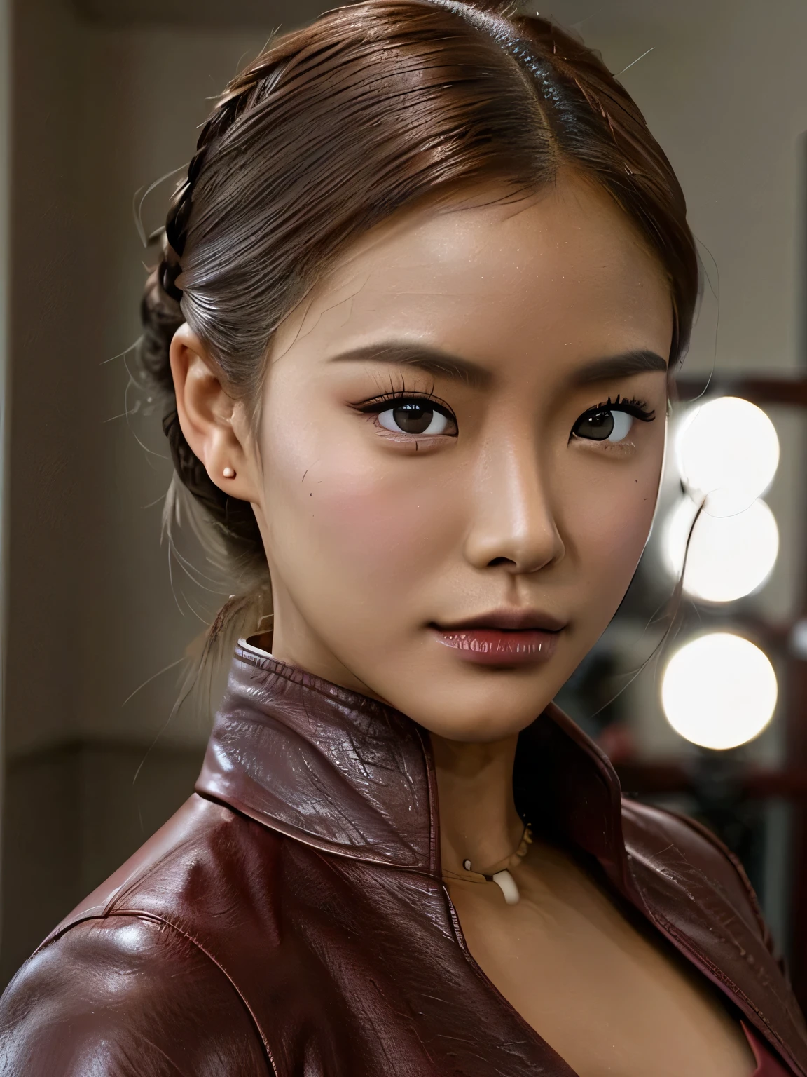 best quality, realistic, (california desert), (daylight), (sunlight:1.0), (KristannaTX, (a female korean supermodel), (wine red leather jacket:1.1), seductive smirk, (combed back hair), (hair updo:1.3), perfect eyes, sharp details, detailed face, (face makeup), (cheeks blush), (eyeliner), (eyeshadows), (lip gloss:1.0), cleavage, d cups breasts, big breasts, very detailed, sharp details, (realistic lighting) (macro photography:1.0)