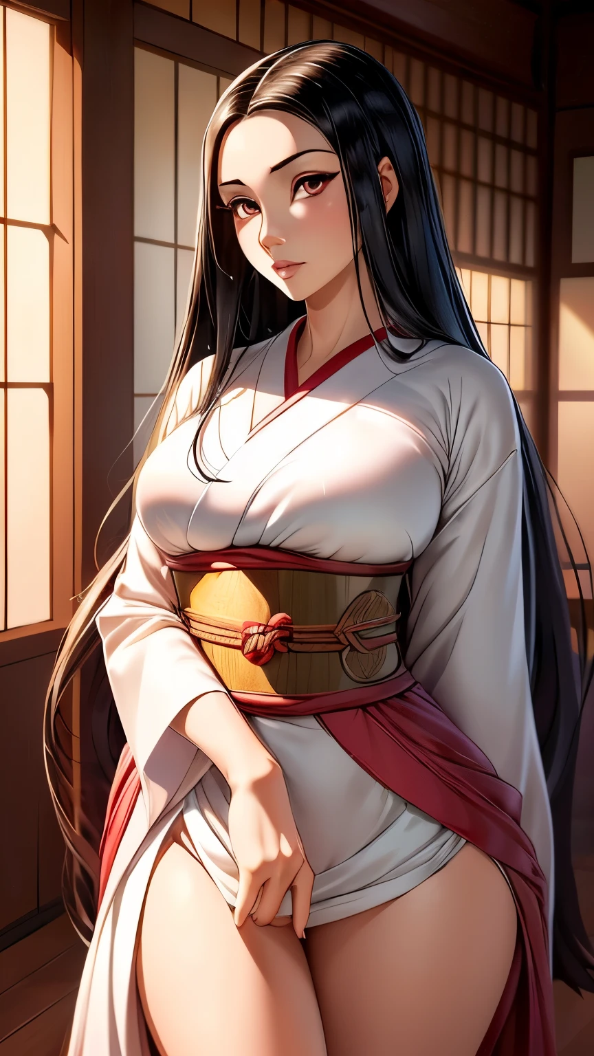 ((ultra quality)), ((Masterpiece)), Nezuko, ((long black hair)), (Beautiful face), (beautiful female lips), charming, looks at the camera, eyes slightly open, (Skin color white), (White skin), glare on the body, wet body, ((detailed beautiful female eyes)), (rosy big eyes), (juicy female lips), (dark eyeliner), (beautiful female hands), ((Ideal female figure)), Ideal female body, beautiful waist, gorgeous thighs, beautiful medium breasts, ((subtle and beautiful)), Sexy stance (), () background: Japanese house 18-19 century, ((depth of field)), ((high quality clear image)), (clear details), ((High detail)), realistically, professional photo session, ((Clear Focus)), anime