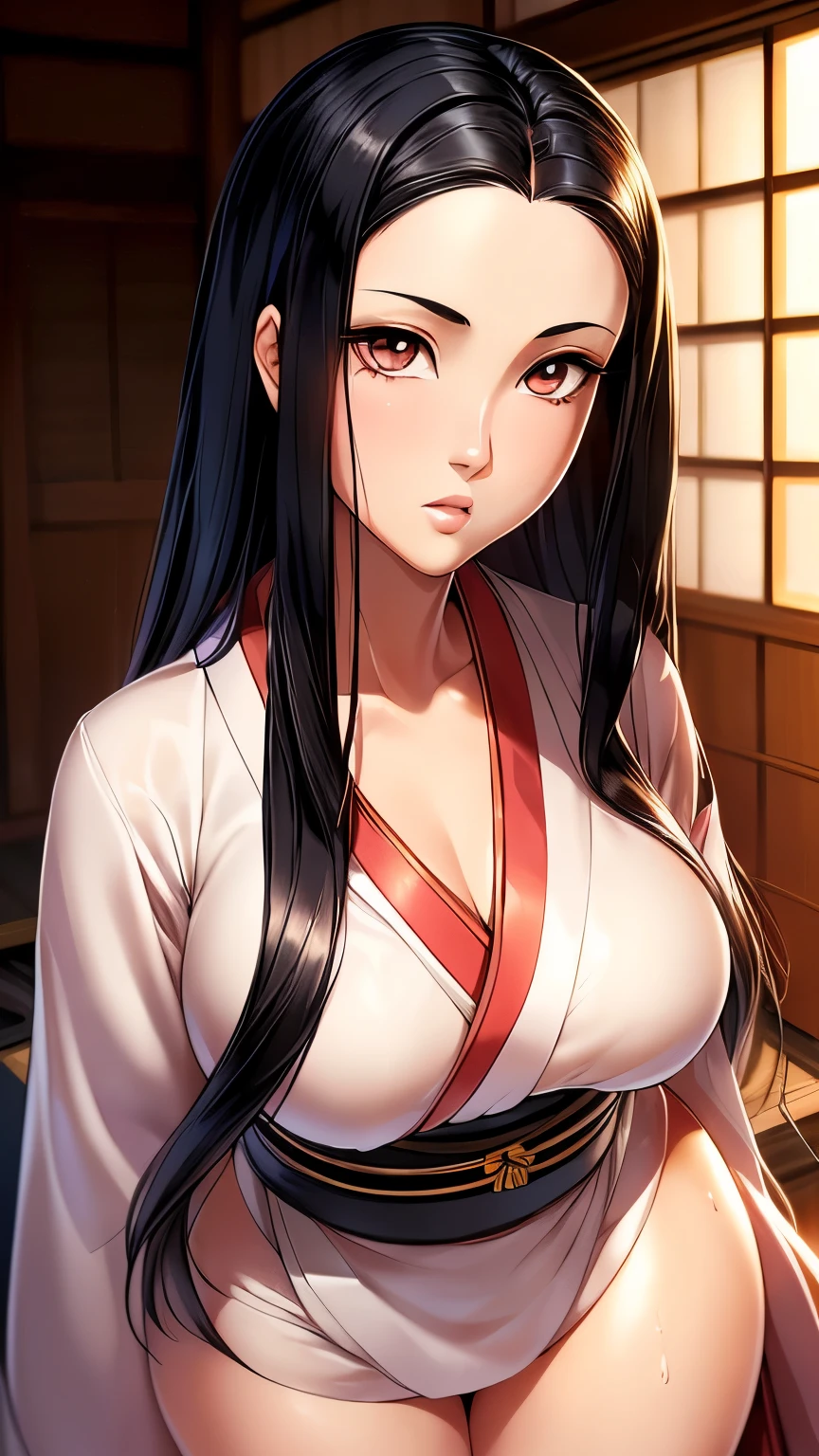 ((ultra quality)), ((Masterpiece)), Nezuko, ((long black hair)), (Beautiful face), (beautiful female lips), charming, looks at the camera, eyes slightly open, (Skin color white), (White skin), glare on the body, wet body, ((detailed beautiful female eyes)), (rosy big eyes), (juicy female lips), (dark eyeliner), (beautiful female hands), ((Ideal female figure)), Ideal female body, beautiful waist, gorgeous thighs, beautiful medium breasts, ((subtle and beautiful)), Sexy stance (), () background: Japanese house 18-19 century, ((depth of field)), ((high quality clear image)), (clear details), ((High detail)), realistically, professional photo session, ((Clear Focus)), anime