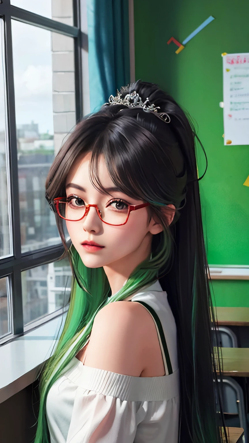 ((1 girl in)), ((best quality)), (Super detailed), (Extremely detailed CG unified 8k wallpaper), Very detailed, HD original color photos, Professional photography, Long ponytail hairstyle，Black hair and green hair, Good-looking hair accessories, Eye color is light green,Wearing red glasses，half rim glasses，amazing face and eyes, (very beautiful girl), School, classroom, Off the shoulders,