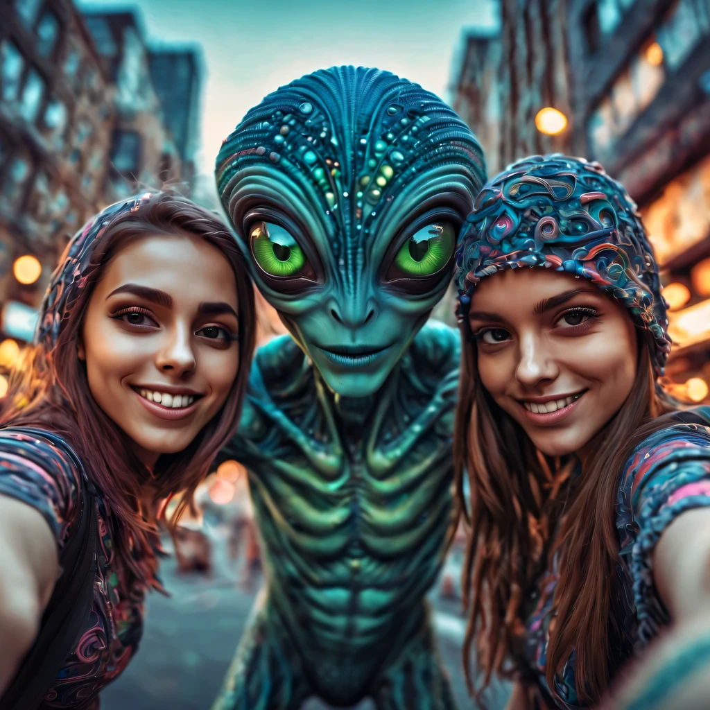 (best quality, highres, ultra sharp), magical ,huge male alien, selfie with a few stunning girls in the city, zentangle, full colored, 3d crunch, realistic feeling, sexy scene, blurry background, dark tones, one male alien and two human girls poses for an instagram selfie,