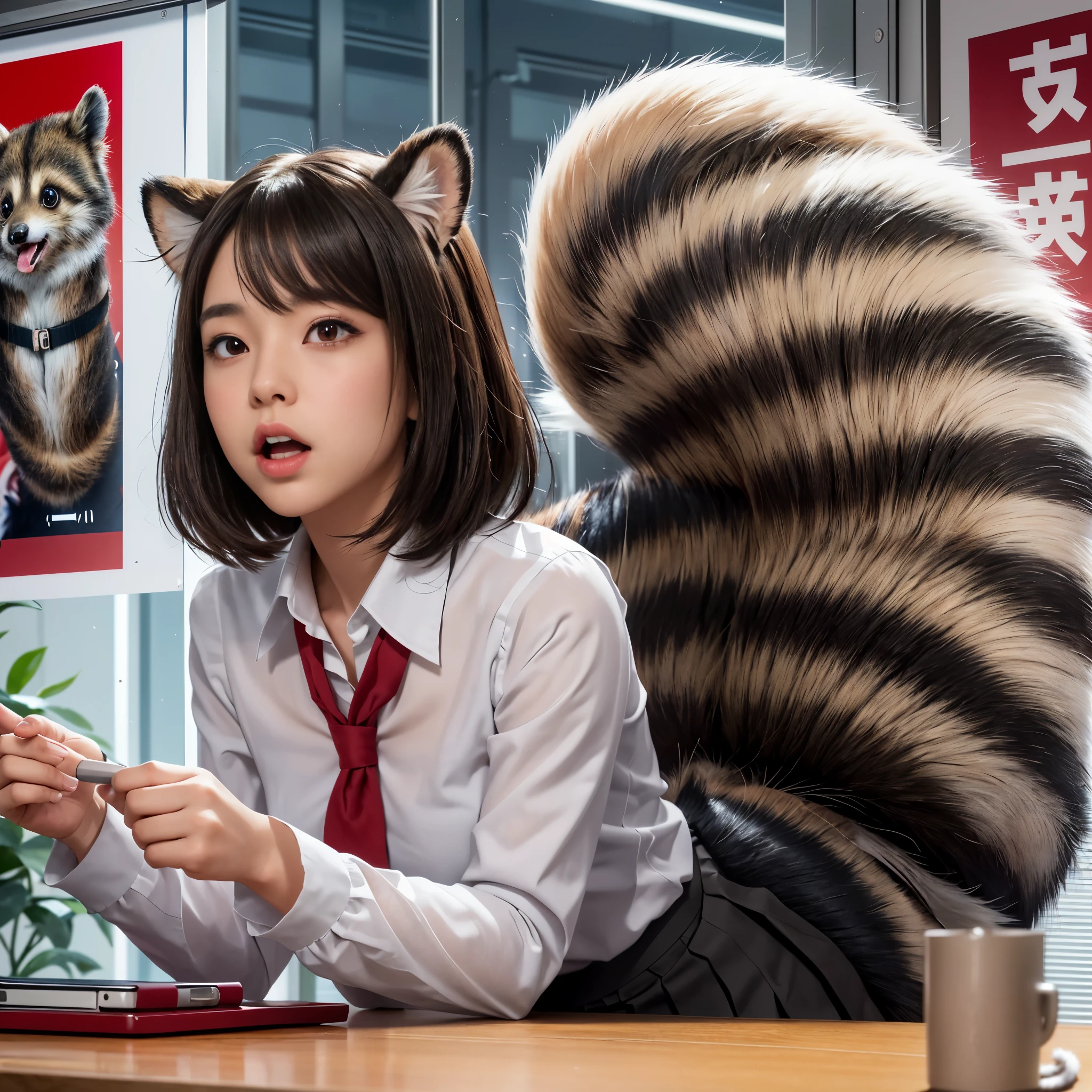 A girl sitting at a desk with a surprised expression, women with a tanuki tail, (software) safe for work, fur with tail, software version, colleague, realistic style, , realistic style , beautiful girl, photograph, 最high quality, (Her skirt is flipped up and her tail is visible.:1.8) ,Reality, small breasts, slender, white panties,tail from above panties, tail from inside the skirt, bushy tail, realistic tail, flat chest, (software) safe for work, nffsw, retina, muste piece, Accurate, anatomically correct, super detail, advanced details, high quality, 最high quality, High resolution, 1080p, 4k, 8K, The tail is sticking out from inside the skirt, long tail, be surprised to see the tail, eight-headed body, small face, blush, Red cheeks