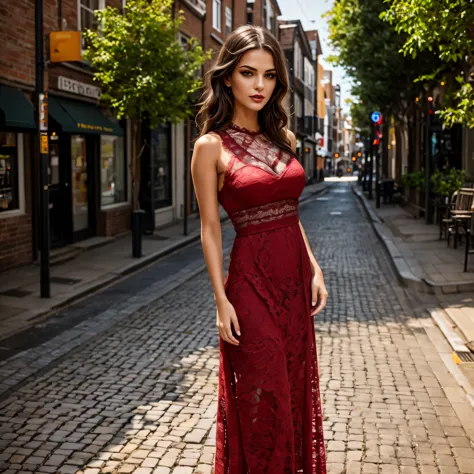 (best quality,8k, ((wearing lace maxi dress)),standing,red light district,highly detailed face and skin texture,detailed eyes,do...